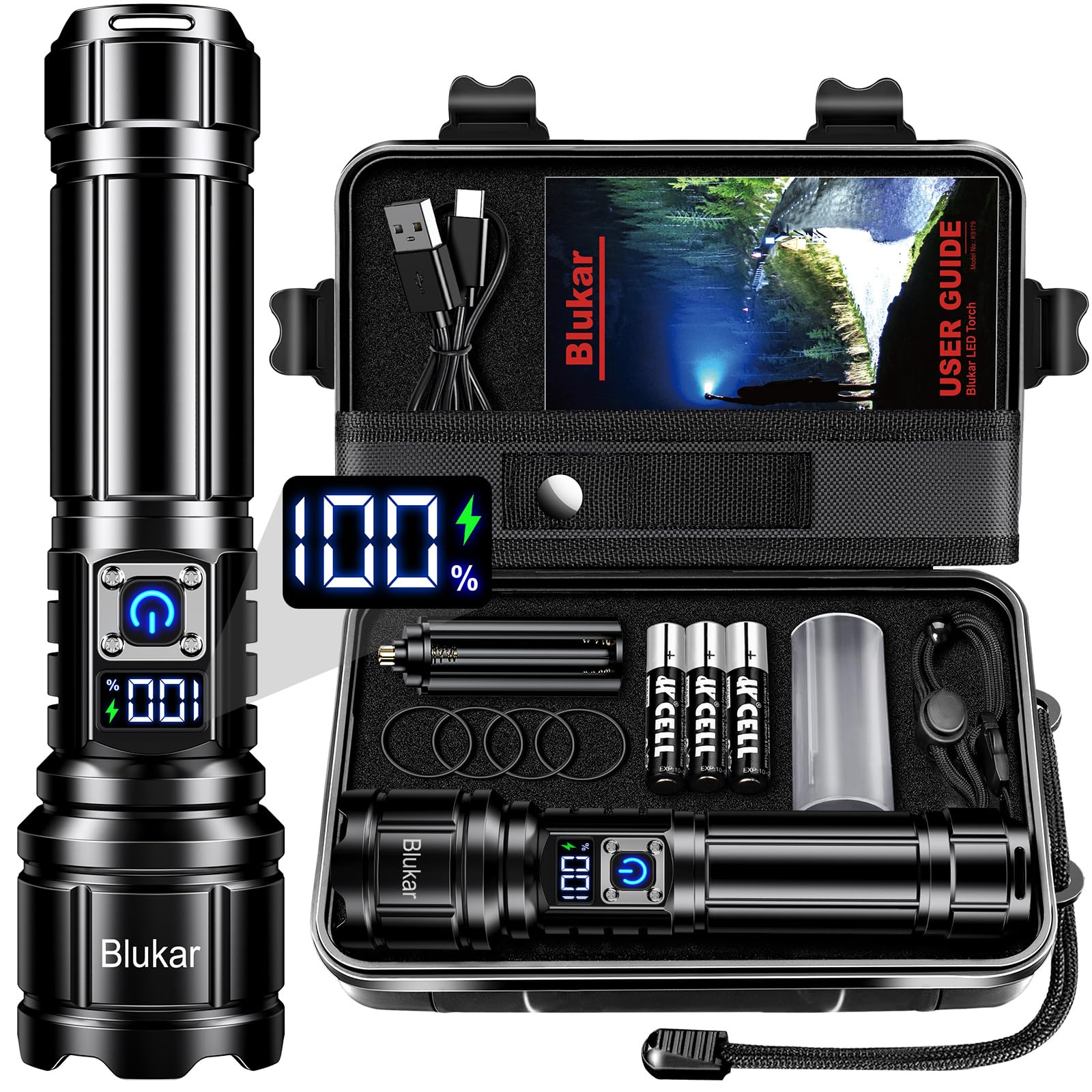 Blukar Taschenlampe LED Aufladbar, Extrem Hell Hohe Helligkeit Taschenlampen Zoombare Handlampe mit 5 Lichtmodi, IP67 Wasserdicht Flashlight Torch für Camping, Outdoor, Notfäll
