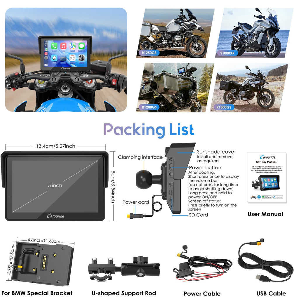 Carpuride W502PRO B für B.-M-.W Motorrad CarPlay & Android Auto & Dual Bluetooth, 5 Zoll wasserdichter Touch Bildschirm für Motorrad, Musik-Sharing, Gegensprechanlage, Lichtsensor, Kompass, Barometer