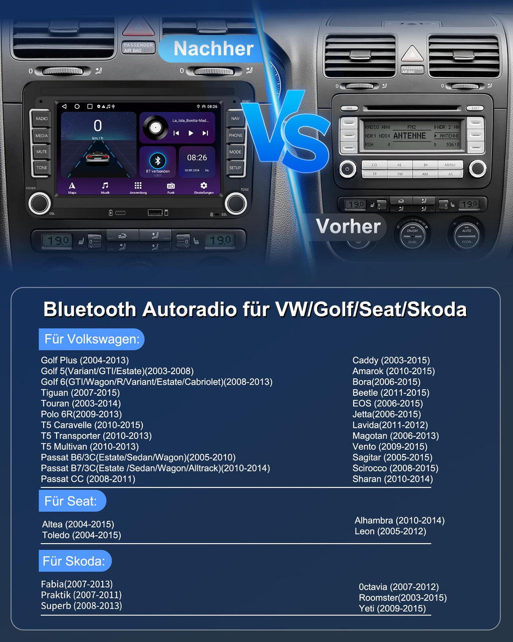 Ledio Bluetooth Autoradio mit Bildschirm für VW Golf 5 6 T5 Polo 6r Caddy Passat Touran Seat, Auto Radio mit Navi WLAN FM/AM Dab Radio, Apple Carplay Android Auto Mirrorlink 2Din 7 Zoll Android 14 GPS