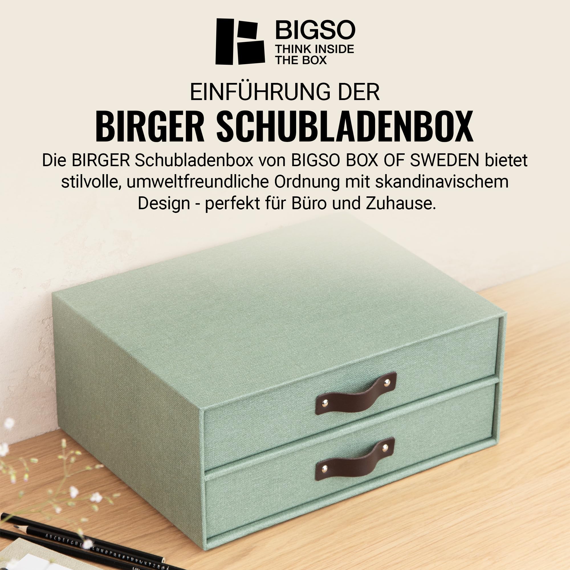 BIGSO BIRGER Schubladenbox – Aufbewahrungsbox mit 2 Schubladen – Schreibtisch Ablage für Dokumente & Bürobedarf – Ablagesystem aus recycelter Faserplatte und Papier – mintgrün