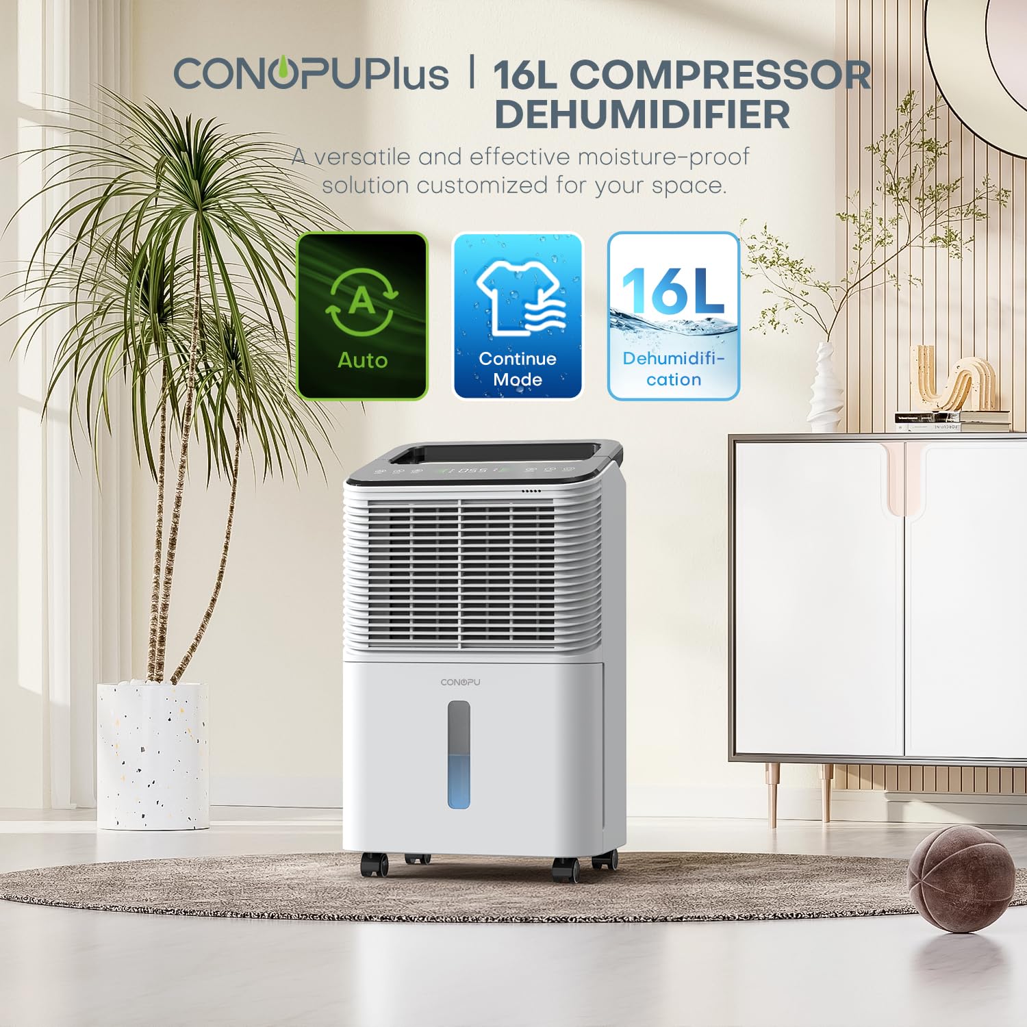 CONOPUPlus Luftentfeuchter 16L/Tag, Ultra-leiser Luftentfeuchter Elektrisch, Intelligentes Zentralsteuerungs, AUTO Modus, Feuchtigkeitsanzeige Licht, 24H Timer, Raumentfeuchter, Mehr Effizient
