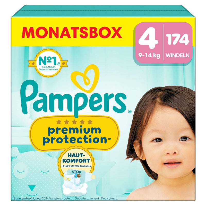 Pampers Premium Protection Größe 4, 174 Windeln, 9kg-14kg, Doppelter Schutz für die Haut und vor Auslaufen