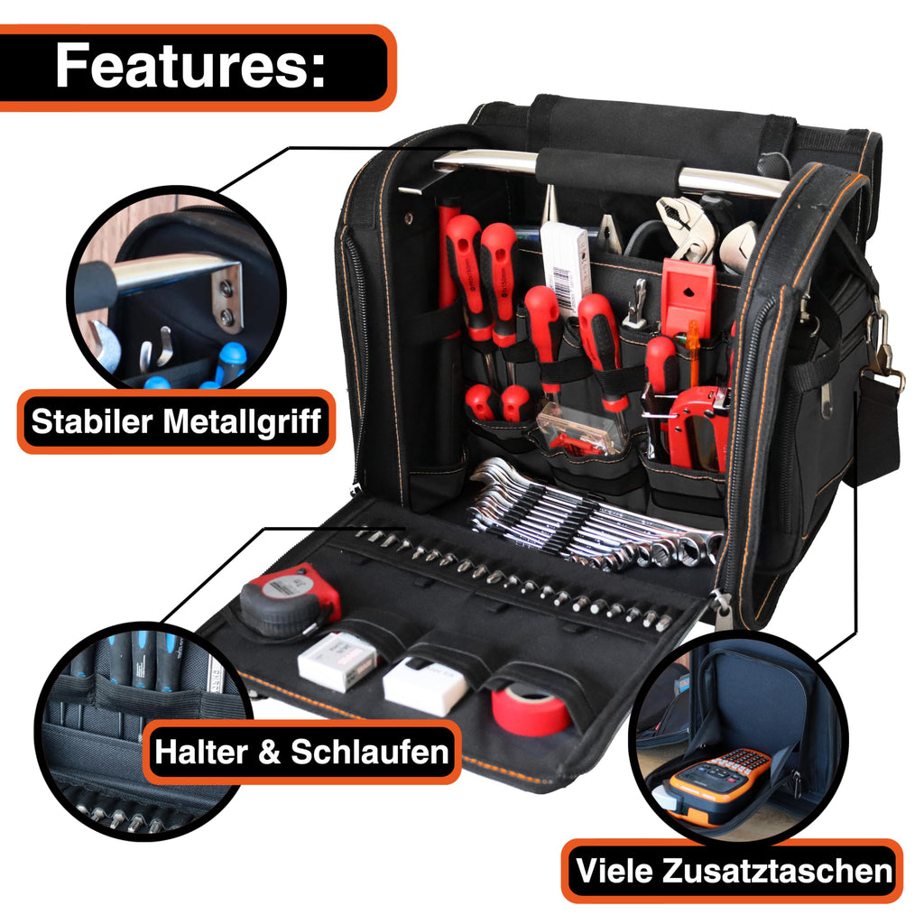 YPC Foreman Werkzeugtasche XL– Tragbare Aufbewahrungstasche mit Karabinerhaken, Wasserfest, Reißfest, Stabiler Metallgriff & Schultergurt mit Polsterung, Schwarz, 37x36x27cm – 20 kg Tragkraft