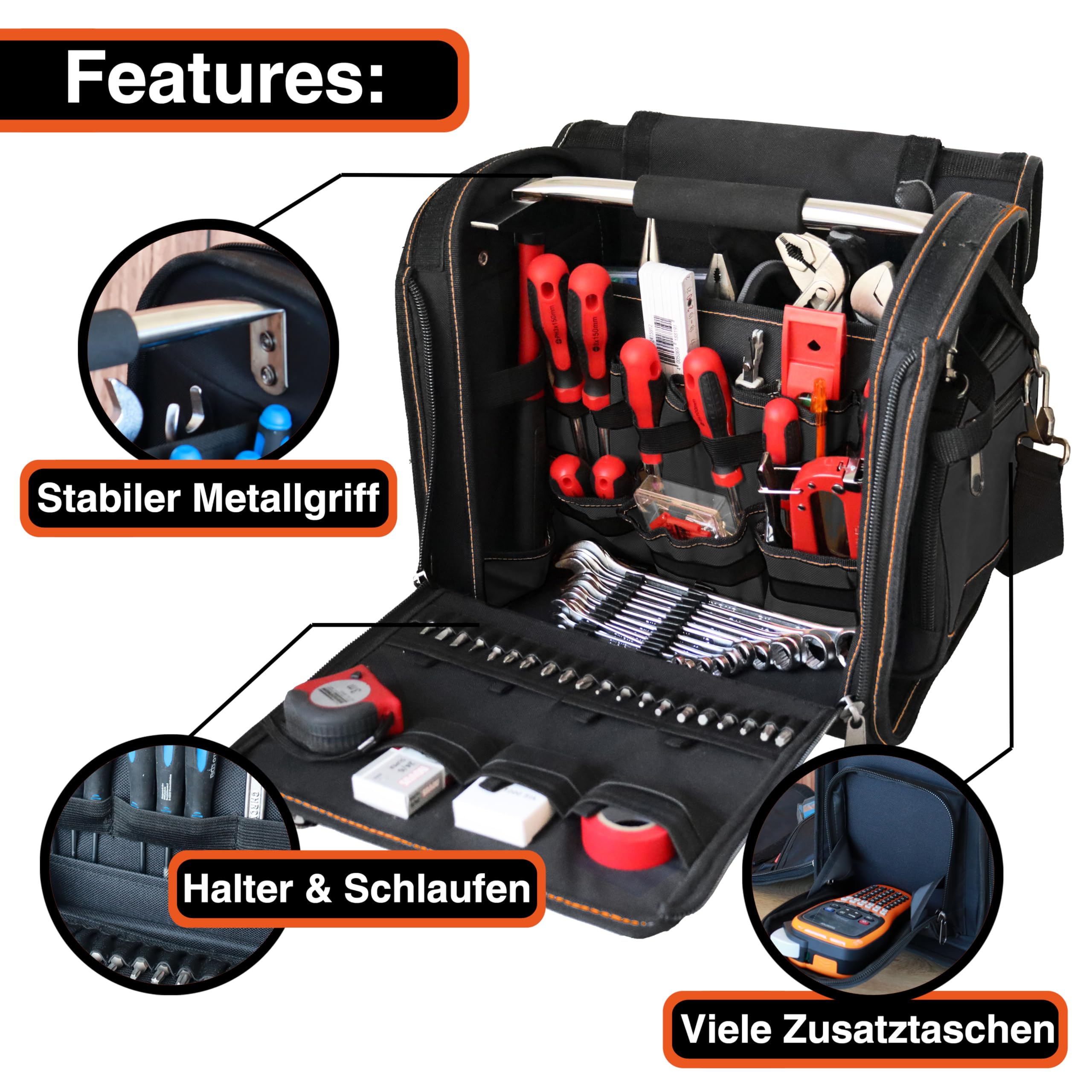 YPC Foreman Werkzeugtasche XL– Tragbare Aufbewahrungstasche mit Karabinerhaken, Wasserfest, Reißfest, Stabiler Metallgriff & Schultergurt mit Polsterung, Schwarz, 37x36x27cm – 20 kg Tragkraft