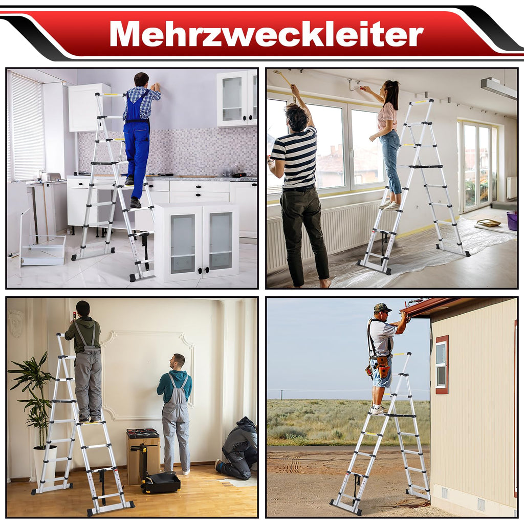 Lospitch 2M+2.3M Teleskopleiter Klappleiter, Rutschfester Aluleiter Mehrzweckleiter Ausziehbare Leiter, A-Rahmen 6+7 Sprossen Aluminiumleiter, 150 kg Tragfähigkeit