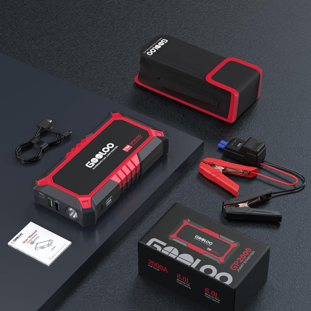 GOOLOO GP2000 Starthilfe Powerbank für Pkw, 2000A Supersafe Auto Starthilfe Powerbank für 12V (Bis zu 8.0L Benzin & 6.0L Diesel), Booster Autobatterie mit USB-Schnellladung, Starthilfekabel und LED