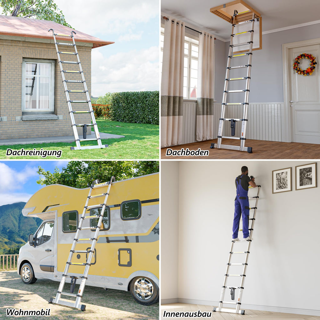 SIMPDIY 2,6M Teleskopleiter, Aluleiter ausziehbar mit Stabilisator, Leiter Ausziehbar mit Haken, 9 Sprossen, für Hause, Wohnmobil und Freien, Tragkraft 150 kg