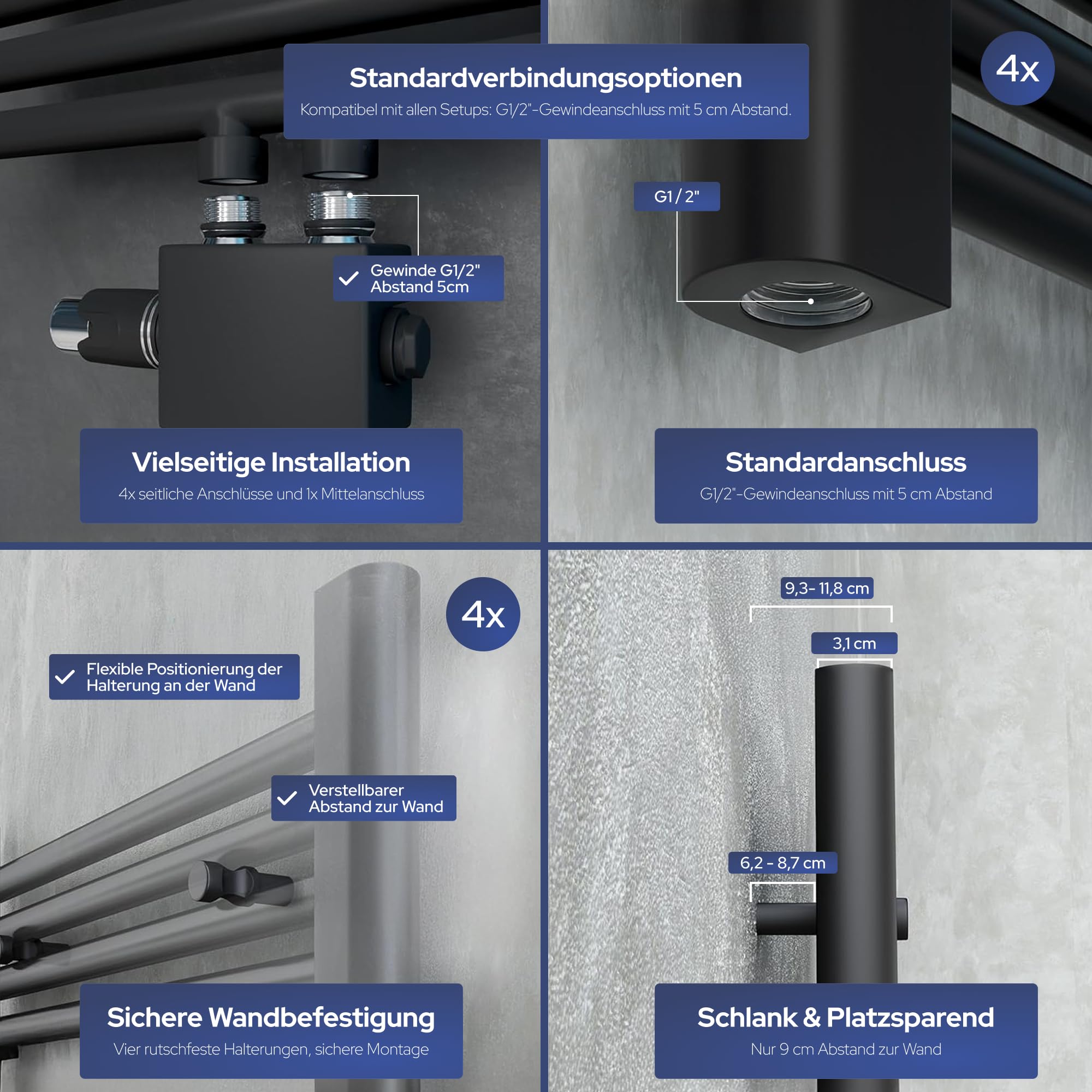 VILSTEIN® Badheizkörper [150x50cm] - Handtuchheizkörper Elektrisch Nutzbar - Handtuchtrockner Badezimmer - Handtuch Heizkörper Bad mit Seitenanschluss - Handtuchheizung - Wandheizkörper (Schwarz)