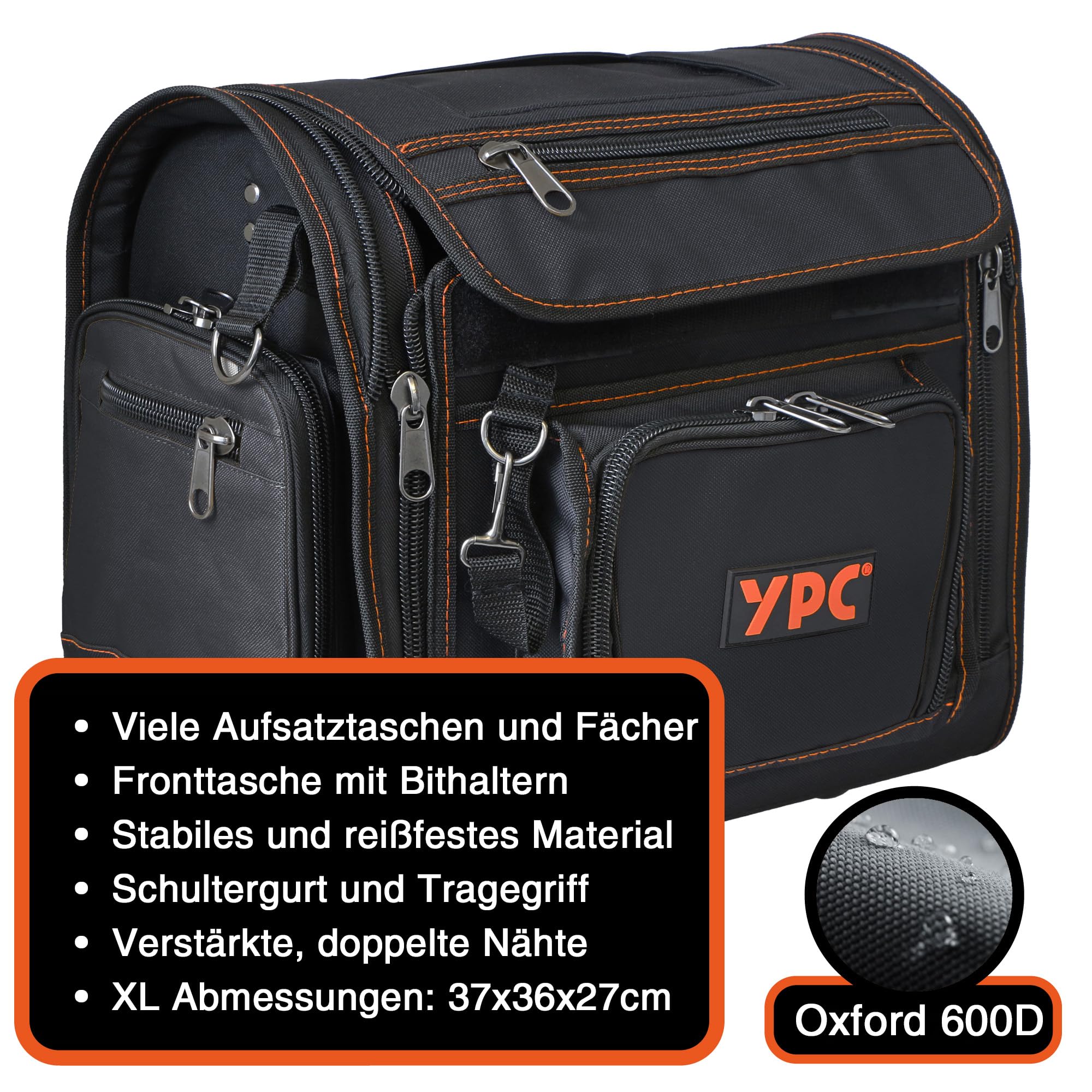 YPC Foreman Werkzeugtasche XL– Tragbare Aufbewahrungstasche mit Karabinerhaken, Wasserfest, Reißfest, Stabiler Metallgriff & Schultergurt mit Polsterung, Schwarz, 37x36x27cm – 20 kg Tragkraft
