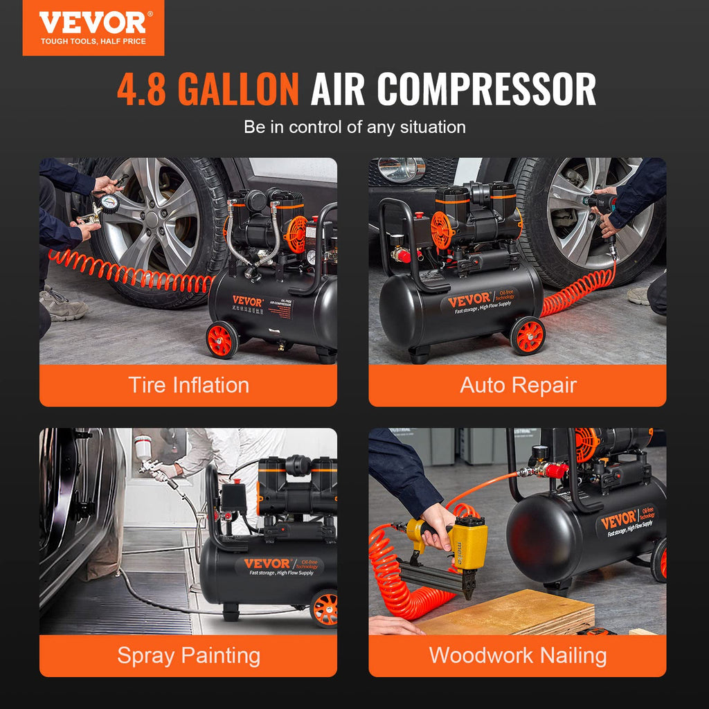 VEVOR Kompressor 18L Silent Druckluftkompressor 2800U/min, 900W (1,2PS) 3,5 MPa, Ölfreier 70dB Flüsterkompressor mit Rädern Druckbehälter 6-8Bar Autoreparaturen Sprühlackierung Holzarbeiten