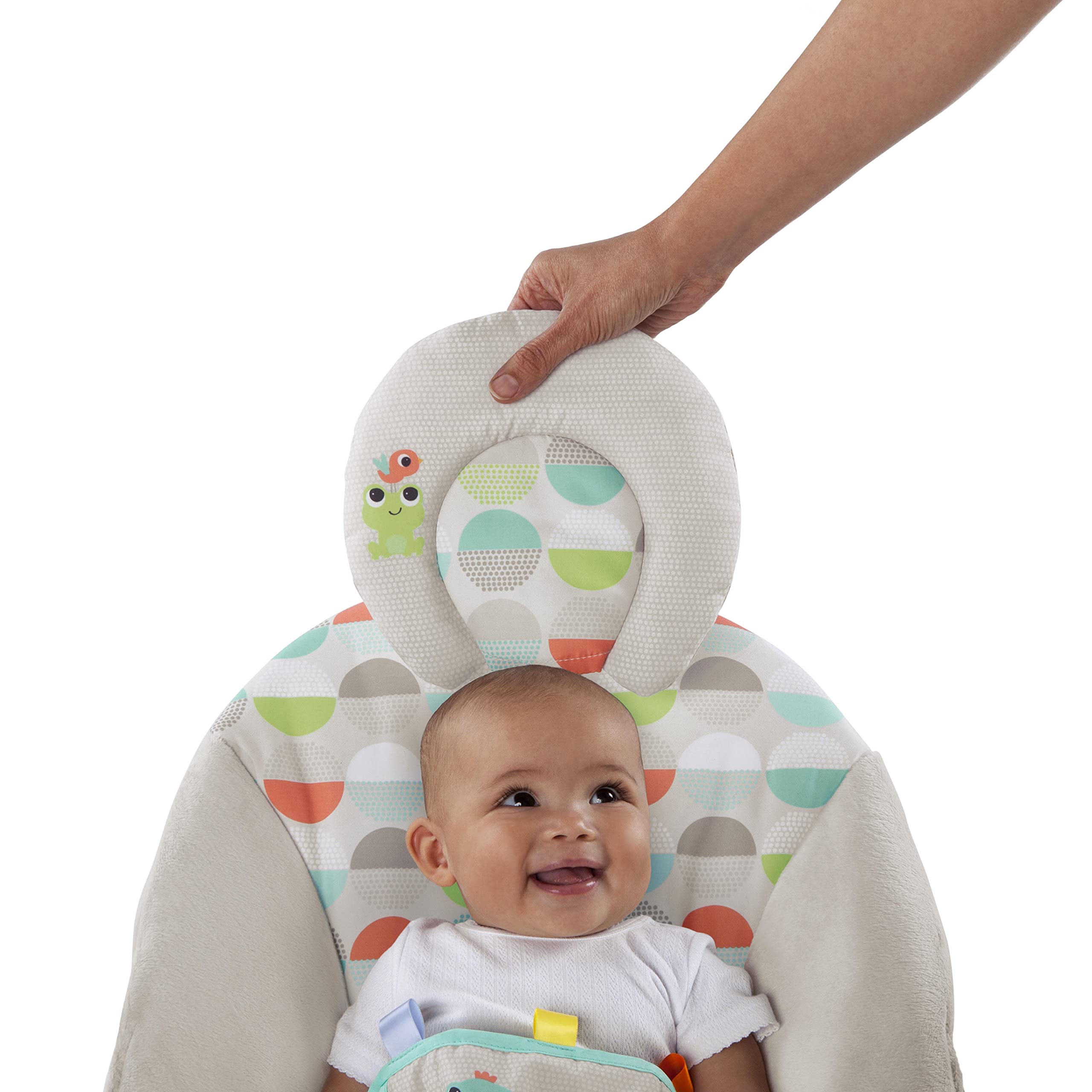 Bright Starts, Babywippe Babyschaukel Happy Safari mit beruhigenden Vibrationen & 7 Melodien, abnehmbarer Kopfstütze und Spielbogen mit 3 Spielzeugen, Lautstärkeregeler, ab der Geburt bis 9kg