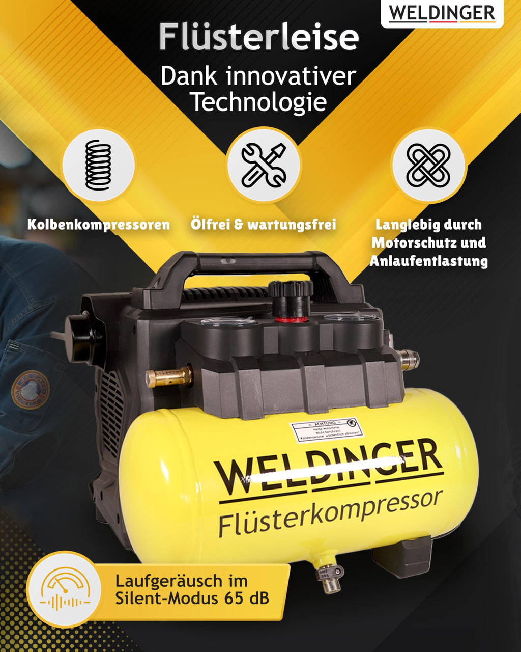 WELDINGER Flüster Kompressor FK 135 pocket ölfrei 1100 W Luftabgabe 135 l Tankvolumen 6 l Druckregler 5 Jahre Garantie