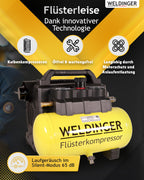 WELDINGER Flüster Kompressor FK 135 pocket ölfrei 1100 W Luftabgabe 135 l Tankvolumen 6 l Druckregler 5 Jahre Garantie