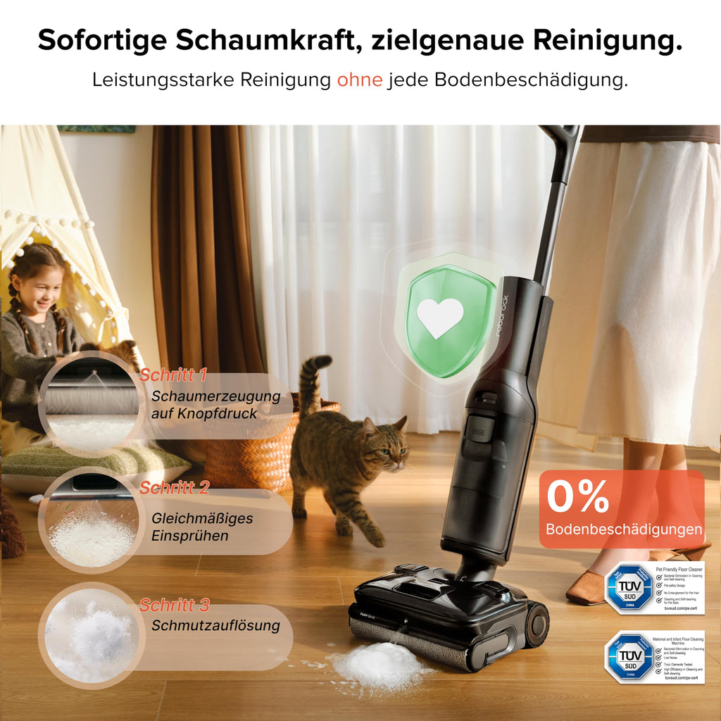 roborock F25 ACE Pro Nass-Trockensauger, 25000Pa, JetFoaming gegen Flecken, Anti-Haar-Verwicklung, 180° Flach-Design, Heißwasser-Selbstreinigung & Heißlufttrocknung