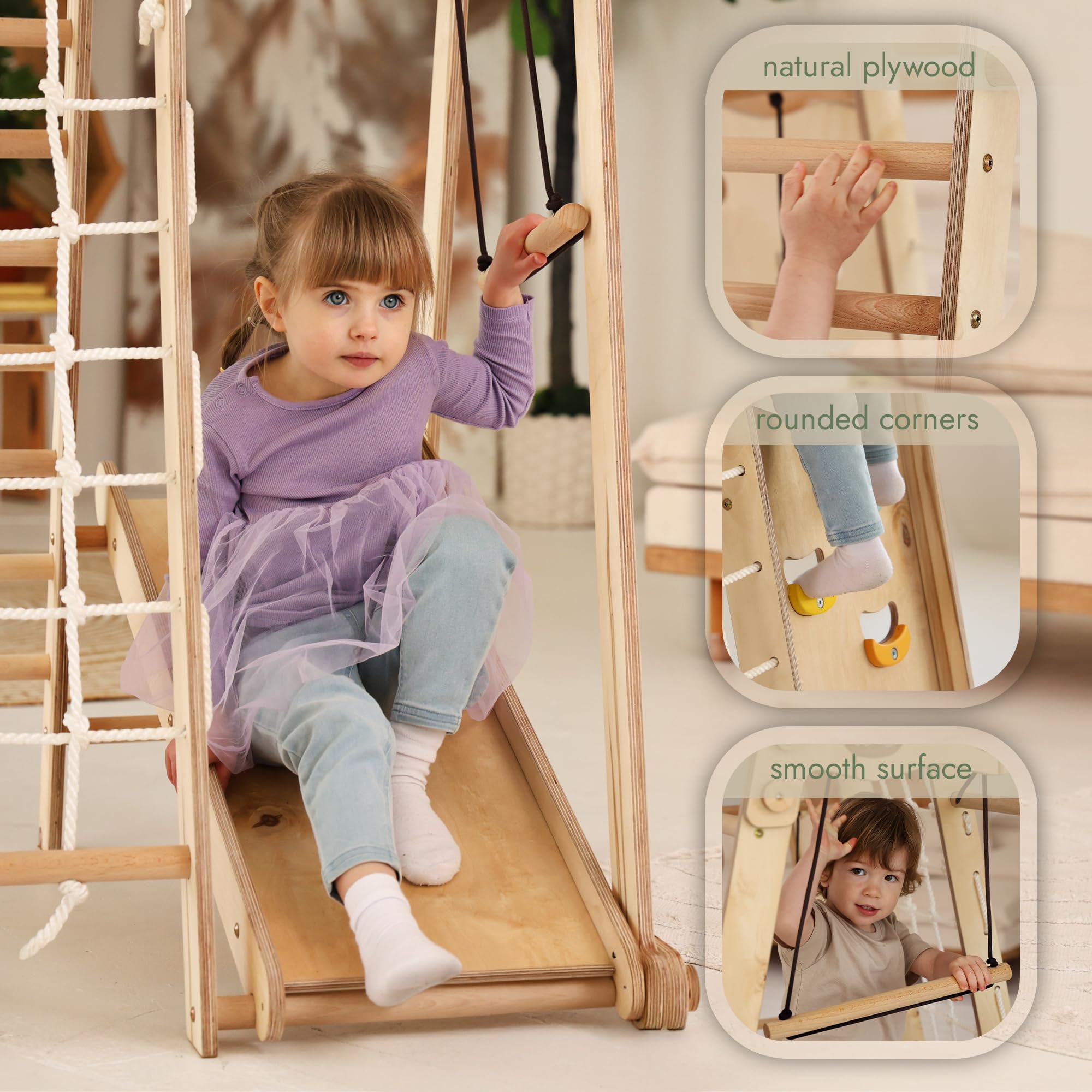 Goodevas Verbessert 9-in-1 Klettergerüst Indoor für Kinder, Montessori Klettergerüst mit Rutsche, Schaukel, Kletterwand, Kletterdreieck, Kunst hinzufügen – Spielplatz für Kinderzimmer