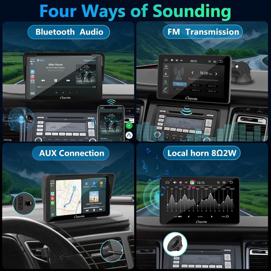 Carpuride Carplay Screen, Tragbares Kabelloses Carplay und Android-Auto, 7 Zoll 1080P HD-Touchscreen-Radio mit BT 5.0, Spiegel-Link-Unterstützung, LKW, Wohnmobil, Armaturenbrett-Halterung