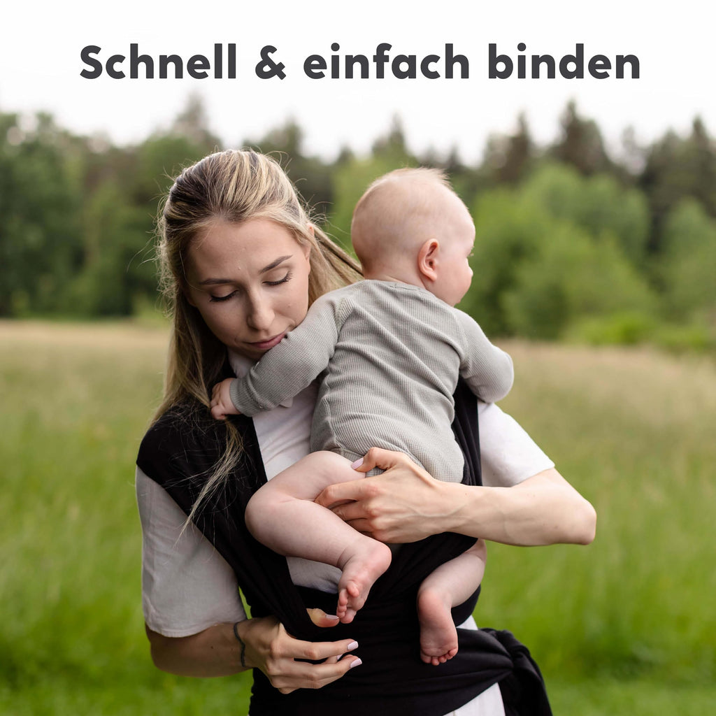 CuddleBug Babytragetuch ab Geburt bis 36 Monate (3,2-15,8 kg) - Kuscheliges & Elastisches Tragetuch Baby, Verstellbar von XS bis XXL, Stillfreundlich & Einfach zu Binden (Schwarz/Black)