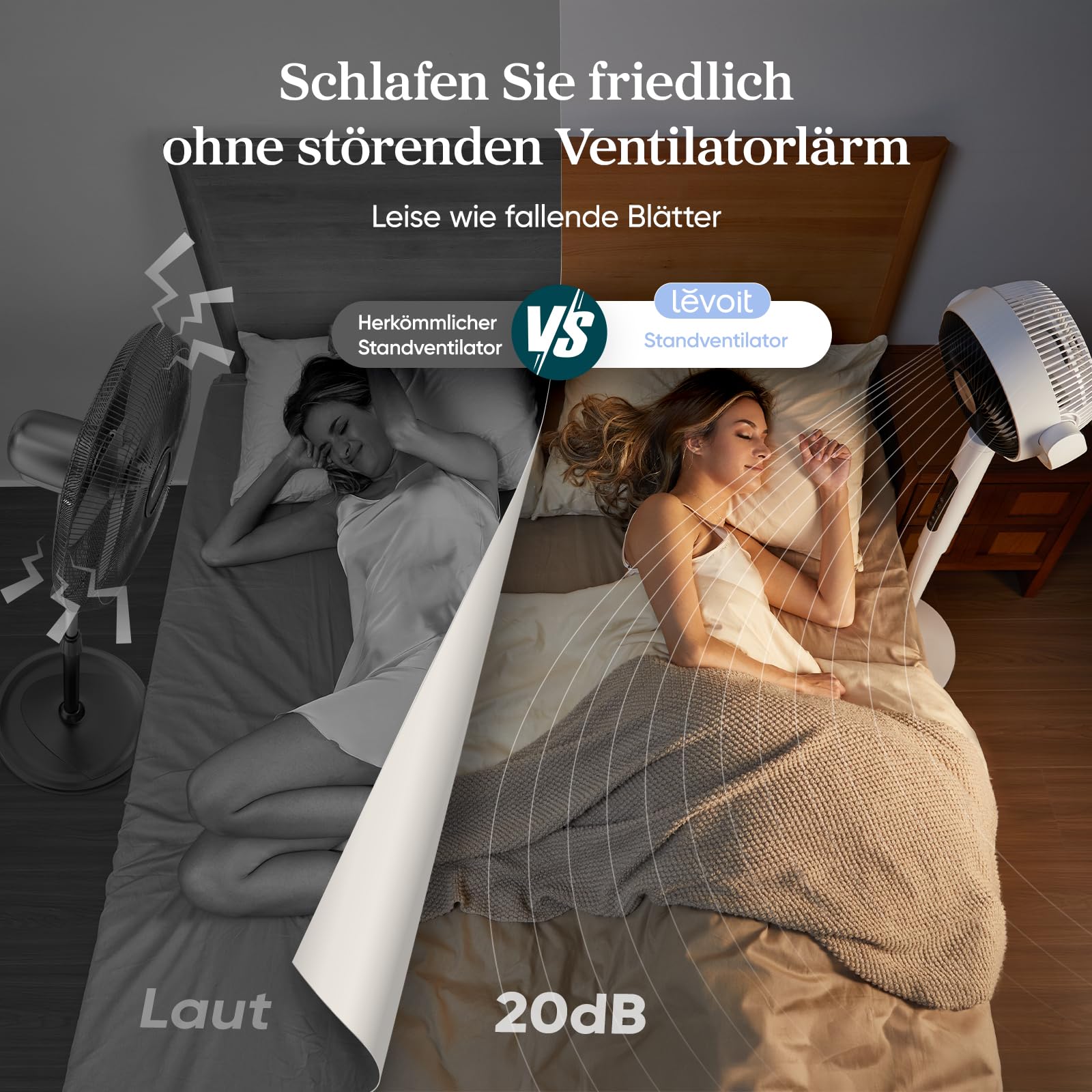 Levoit DC Motor Standventilator, 20dB sehr leiser Ventilator, 30m Wurfweite, 2465m³/h Luftvolumen, Fan mit Fernbedienung & Kühlung, 2 in 1 Höhenverstellbar, 4 Modi/12 Stufen/12 Std Timer