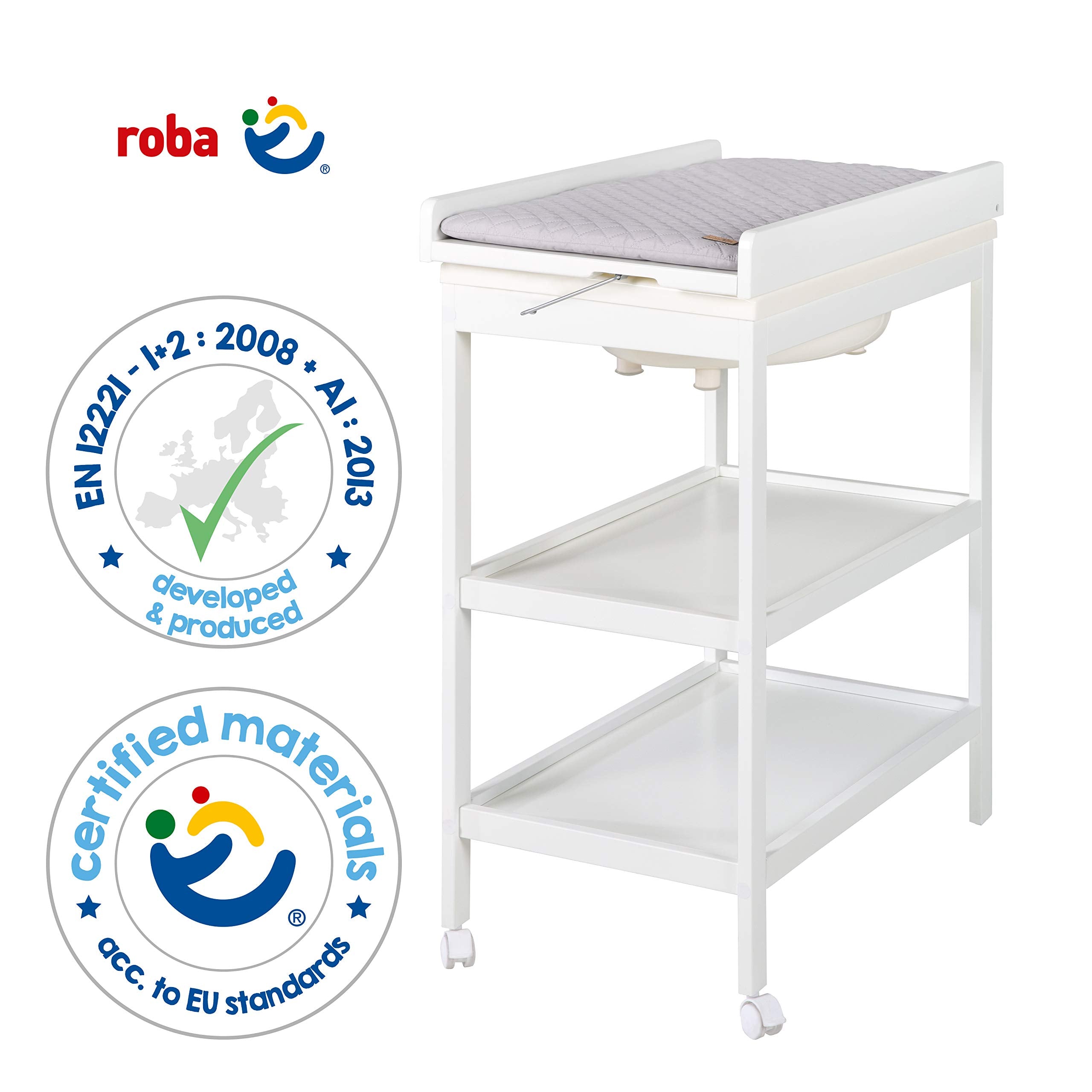 roba Bade Wickel Kombination + Wickelauflage Style grau - Mobiler Kombi Wickeltisch mit integrierter Badewanne - mit schwenkbarer Wickelfläche - Holz weiß