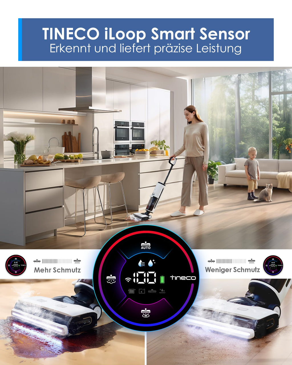 Tineco Floor ONE S7 Steam Schnurloser Dampfreiniger, Dampfmop für Verschmutzungen auf Hartböden mit Digitalanzeige, Selbstreinigung, Kantenreinigung, Vorwärtsantrieb, sicher für Kinder und Haustiere