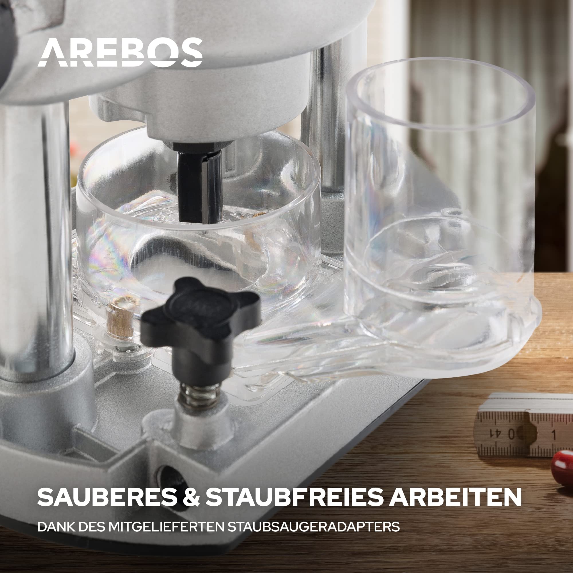 Arebos Oberfräse mit Koffer (1200 W, Ø 6 und 8 mm, Drehzahlregelung, Parallelanschlag, Reduzierstück, Kopierhülse, Absaugadapter, inkl. Zubehör) inkl. Fräser Set 12-teilig