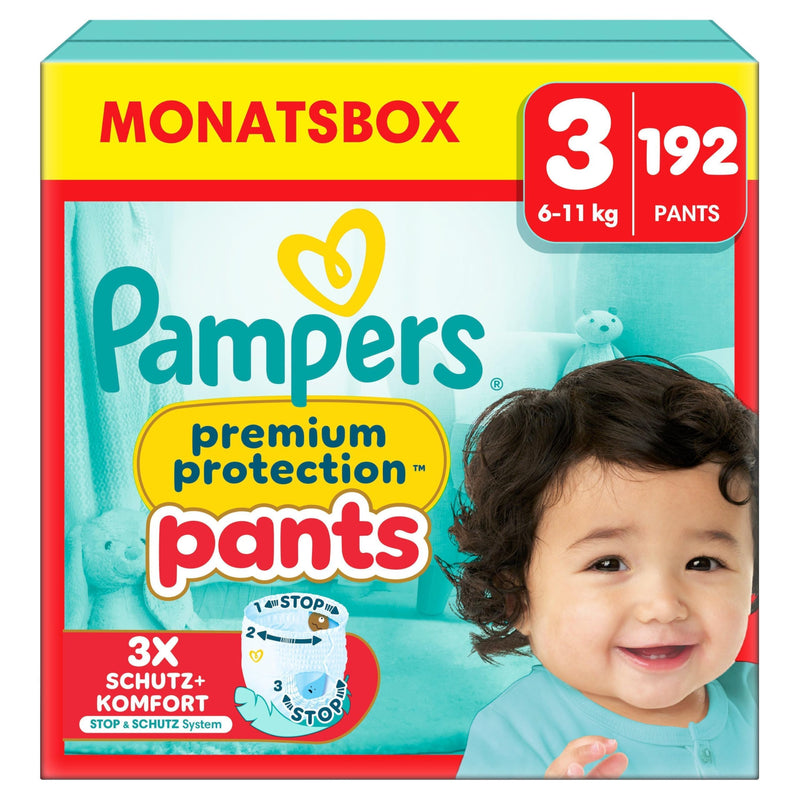 Pampers Premium Protection Pants Größe 3, 192 Windeln, 6kg-11kg, Mit 360° Passform und 2x breiteren Bündchen als vorher für unseren besten Komfort & Schutz