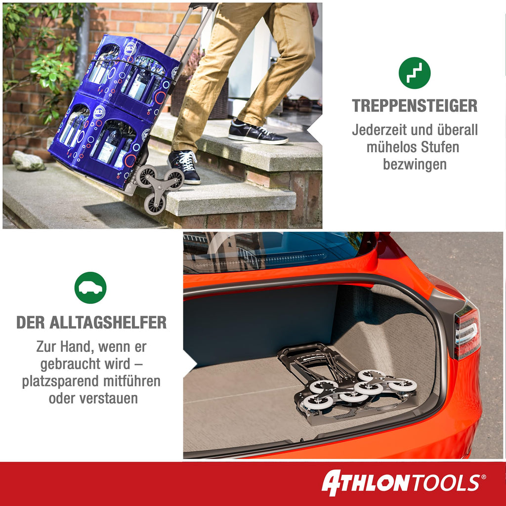 ATHLON TOOLS Aluminium Treppensteiger-Sackkarre klappbar TÜV geprüft – extra Langer Griff 110 cm, Ladefläche mit Anti-Rutsch-Pads