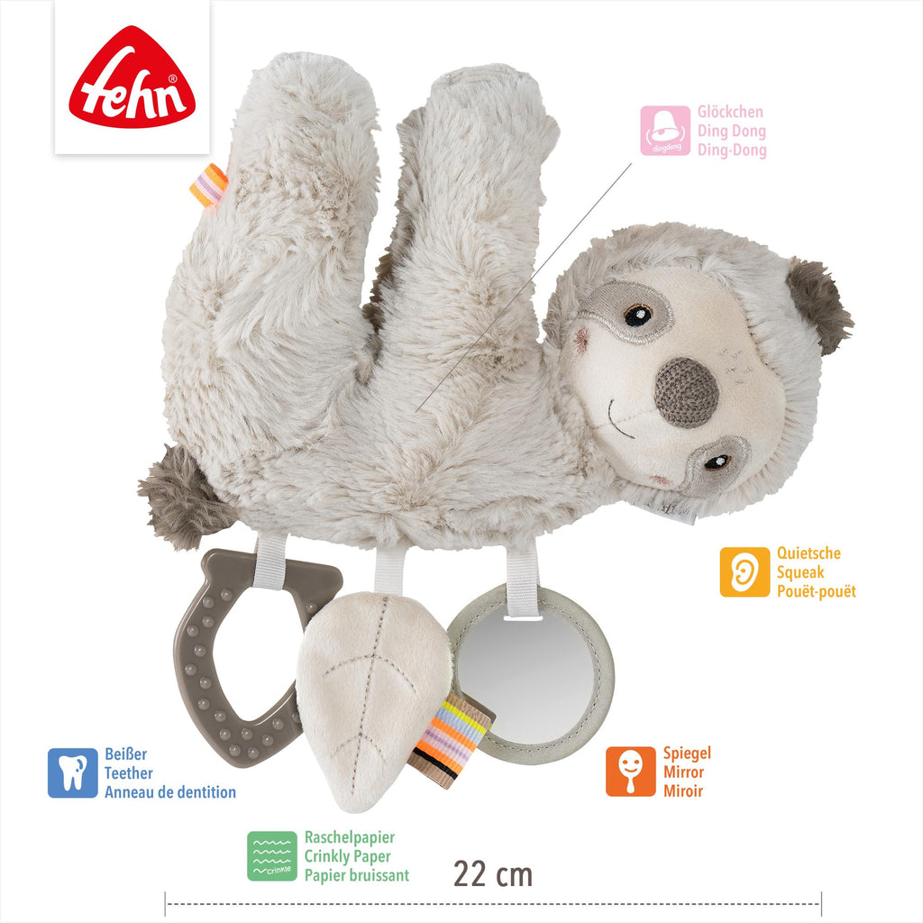 Fehn Activity-Faultier – Motorikspielzeug zum Aufhängen für Kinderwagen, Kinderbett und Babyschale – zum Beißen, Greifen und Geräusche erzeugen – Spielzeug für Babys und Kinder ab 0+ Monaten
