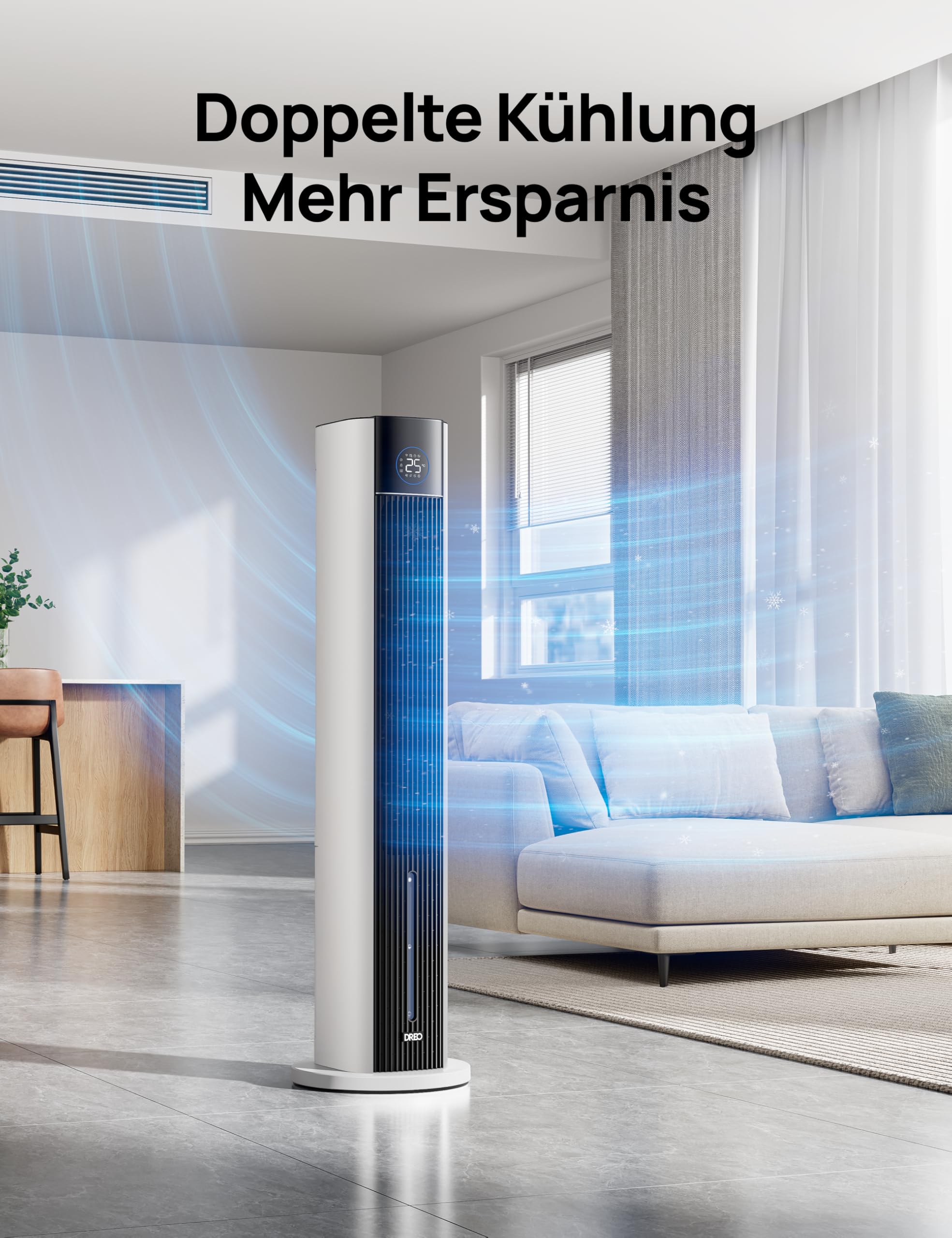 Dreo Turmventilator mit Wasserkühlung, 43” Luftkühler mit Wasserkühlung Leise, 4-Geschwindigkeiten-4-Modi Verdunstungskühler, APP-Steuerung, Eisbeutel, 85° Oszillation, 12-Std. Timer, weiß