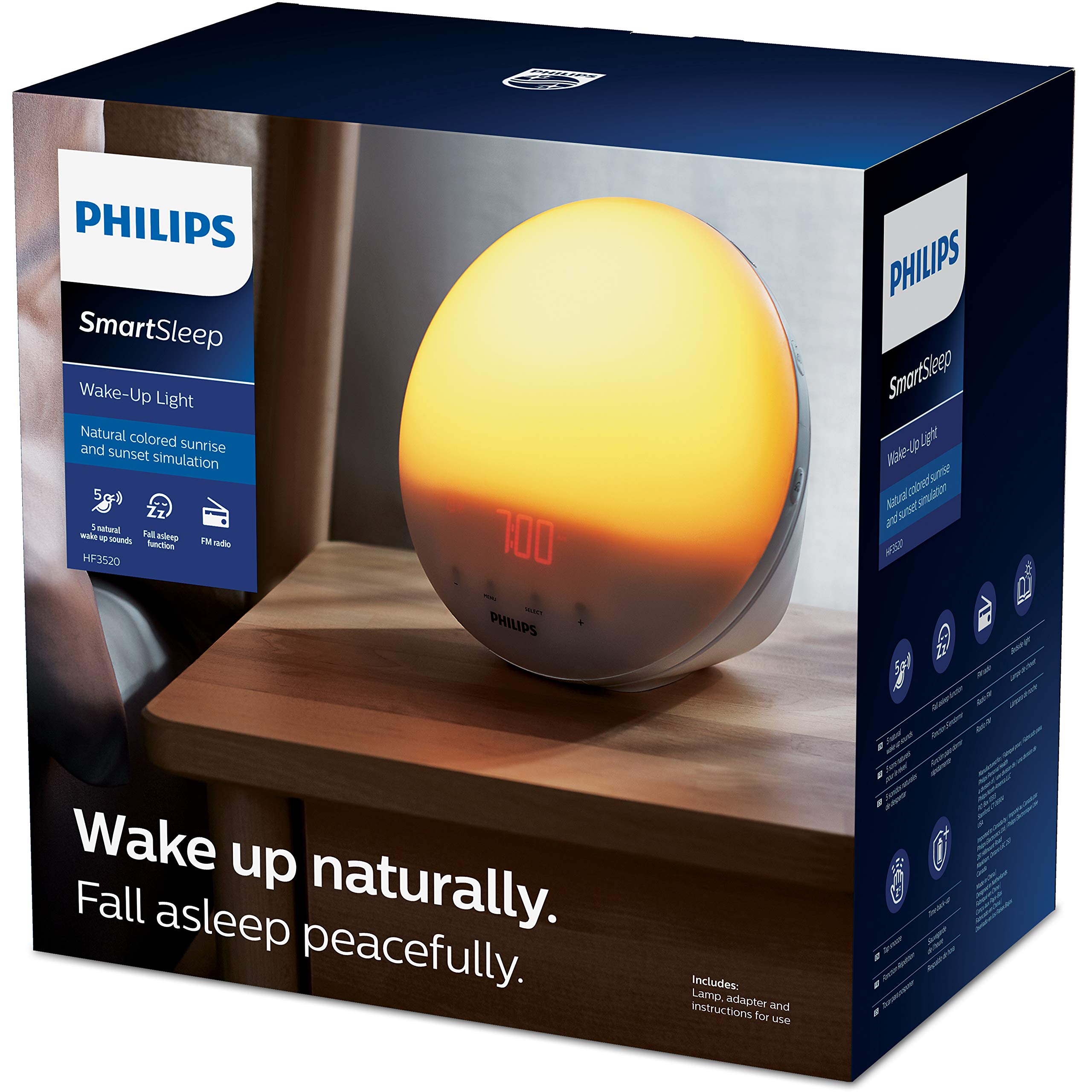 Philips SmartSleep Wake-Up Lichtwecker, Farbige Sonnenaufgang- und Sonnenuntergangssimulation, 5 Naturgeräusche, FM Radio & Leselampe, Tap Snooze - HF3519/20