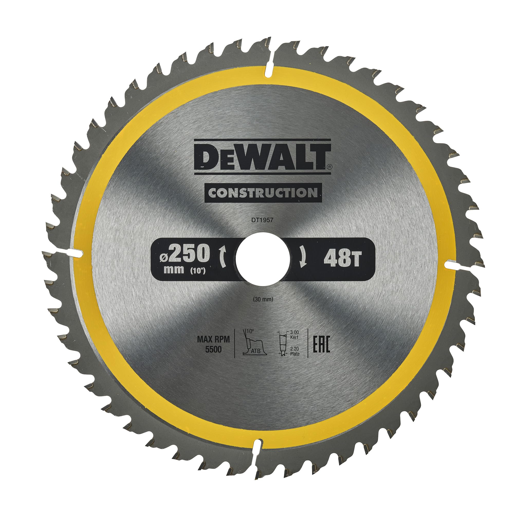 DEWALT 250 x 30 mm Kreissägeblatt (für den Einsatz auf Stationärsägen, nagelfest, 48 Zähne, Wechselzahngeometrie, 10° Zahnwinkel, 3 mm Schnittbreite), DT1957-QZ