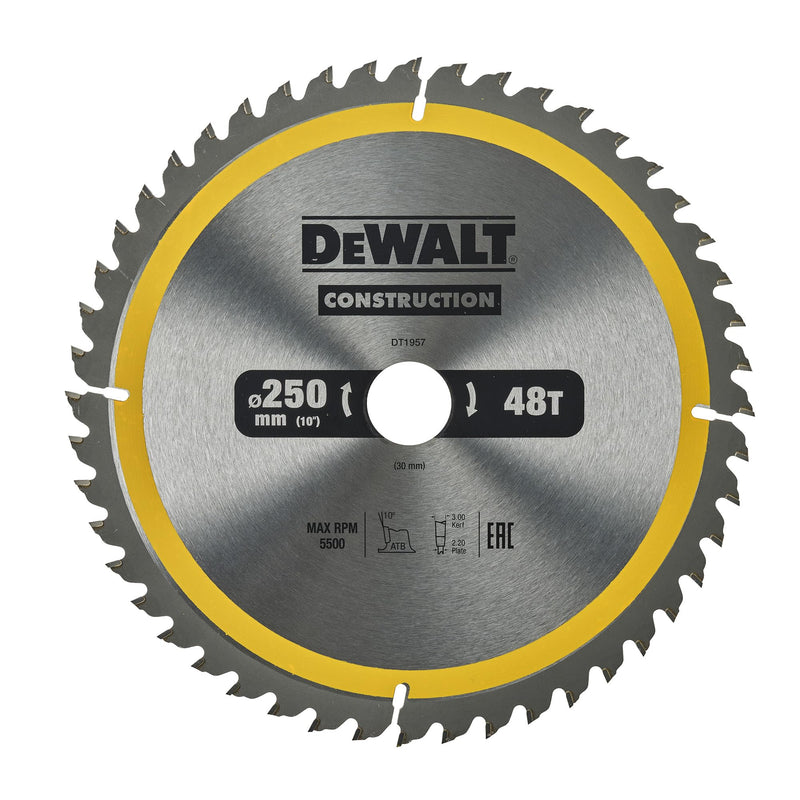 DEWALT 250 x 30 mm Kreissägeblatt (für den Einsatz auf Stationärsägen, nagelfest, 48 Zähne, Wechselzahngeometrie, 10° Zahnwinkel, 3 mm Schnittbreite), DT1957-QZ