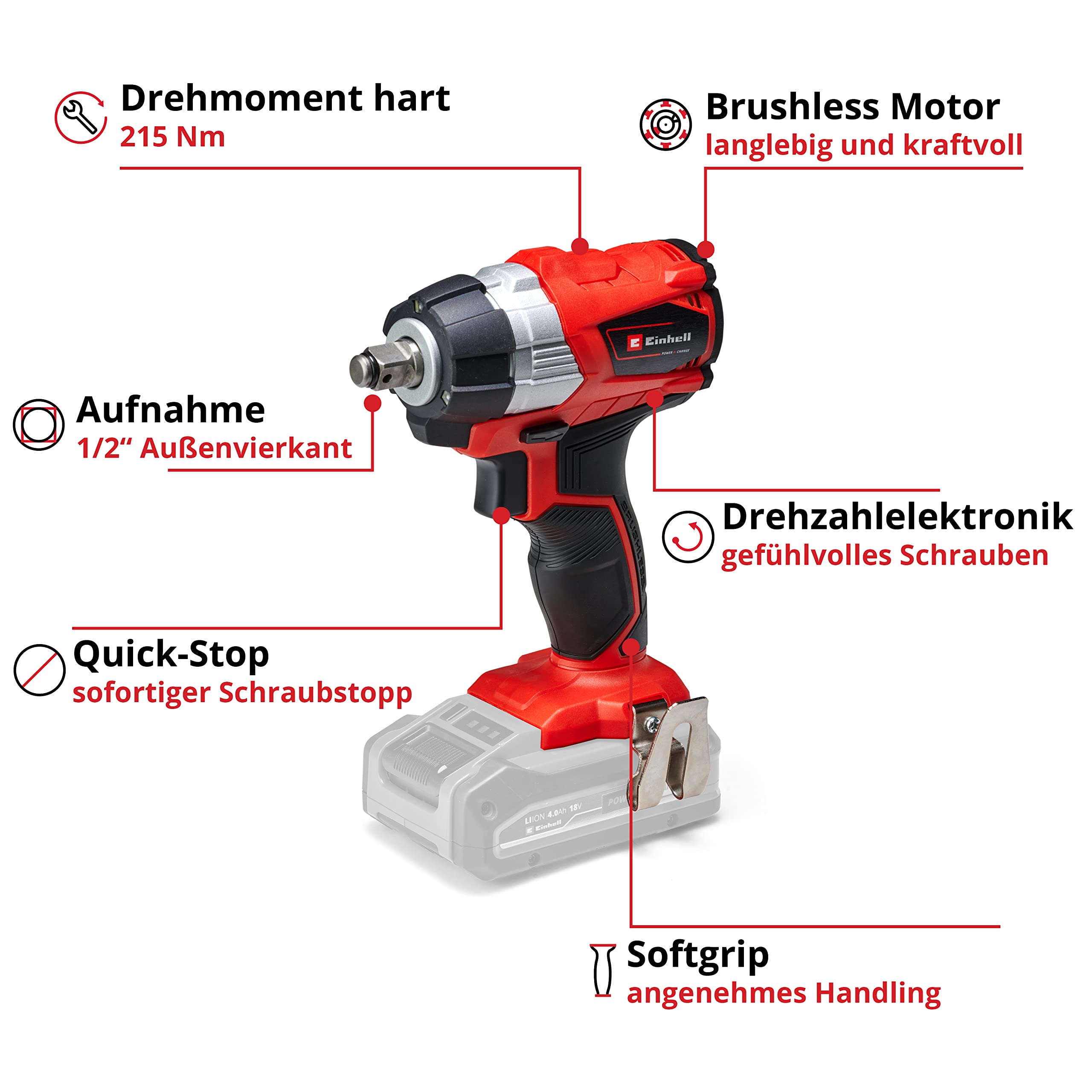 Einhell Akku Schlagschrauber TE-CW 18 Li BL Solo Power X-Change (Lithium Ionen, 18 V, 215 Nm, LED Licht, Bit-Adapter zum Schrauben, ohne Akku und Ladegerät)