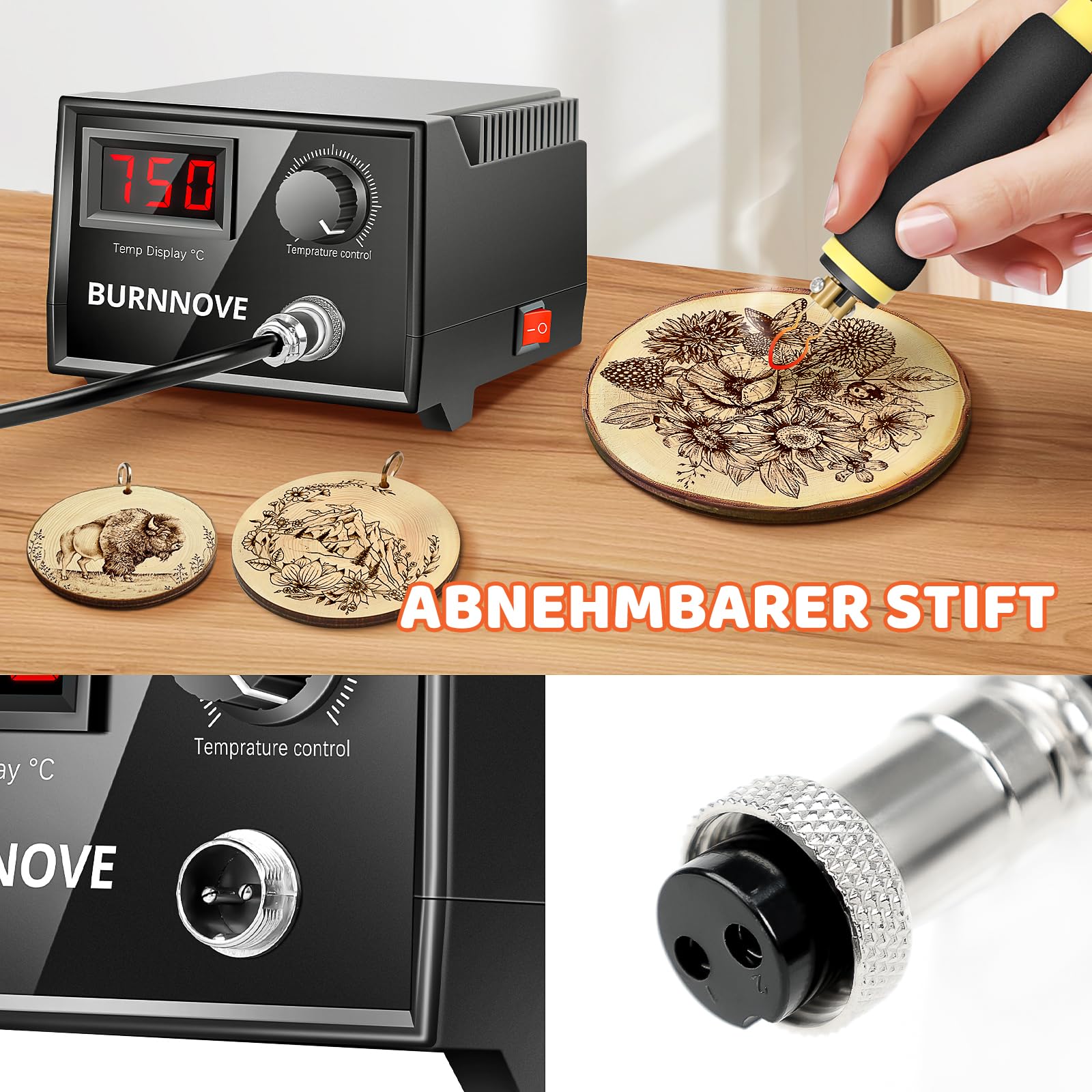 BURNNOVE Brandmalerei Set mit Digitalanzeige 100℃-750℃ Einstellbare Temperatur 21-teilig Spitzen Brandmalkolben für Holz, Leder und Kürbis Holzschnitt