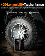 WOLFBOX 4000A Starthilfe mit 160PSI Kompressor, 12V Batterie-Booster, 65W Schnellladung, 88.8Wh Reifenfüller, LED-Anzeige für 10L Benzin-/Dieselmotoren, LED-Licht, Starthilfekabel