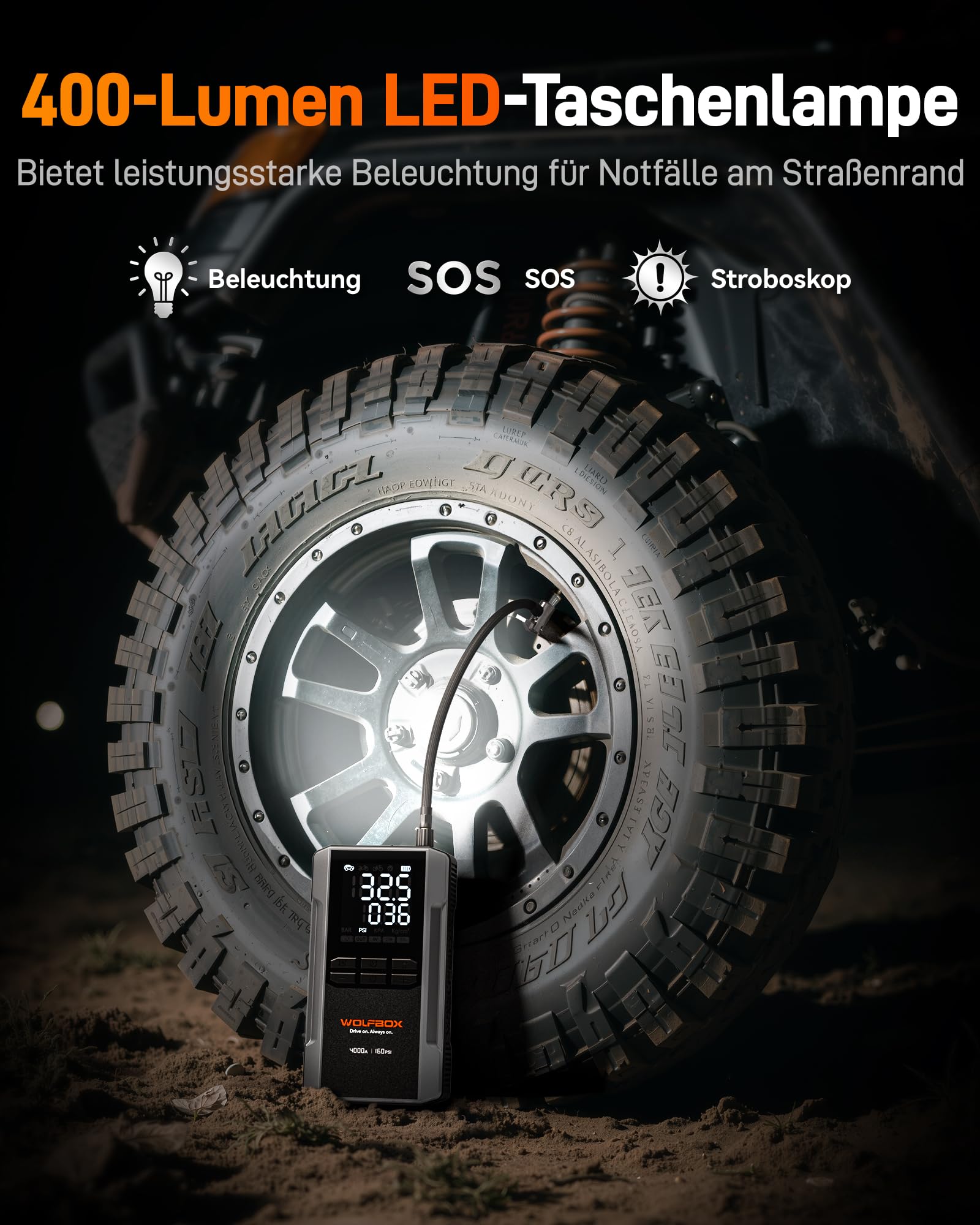 WOLFBOX 4000A Starthilfe mit 160PSI Kompressor, 12V Batterie-Booster, 65W Schnellladung, 88.8Wh Reifenfüller, LED-Anzeige für 10L Benzin-/Dieselmotoren, LED-Licht, Starthilfekabel