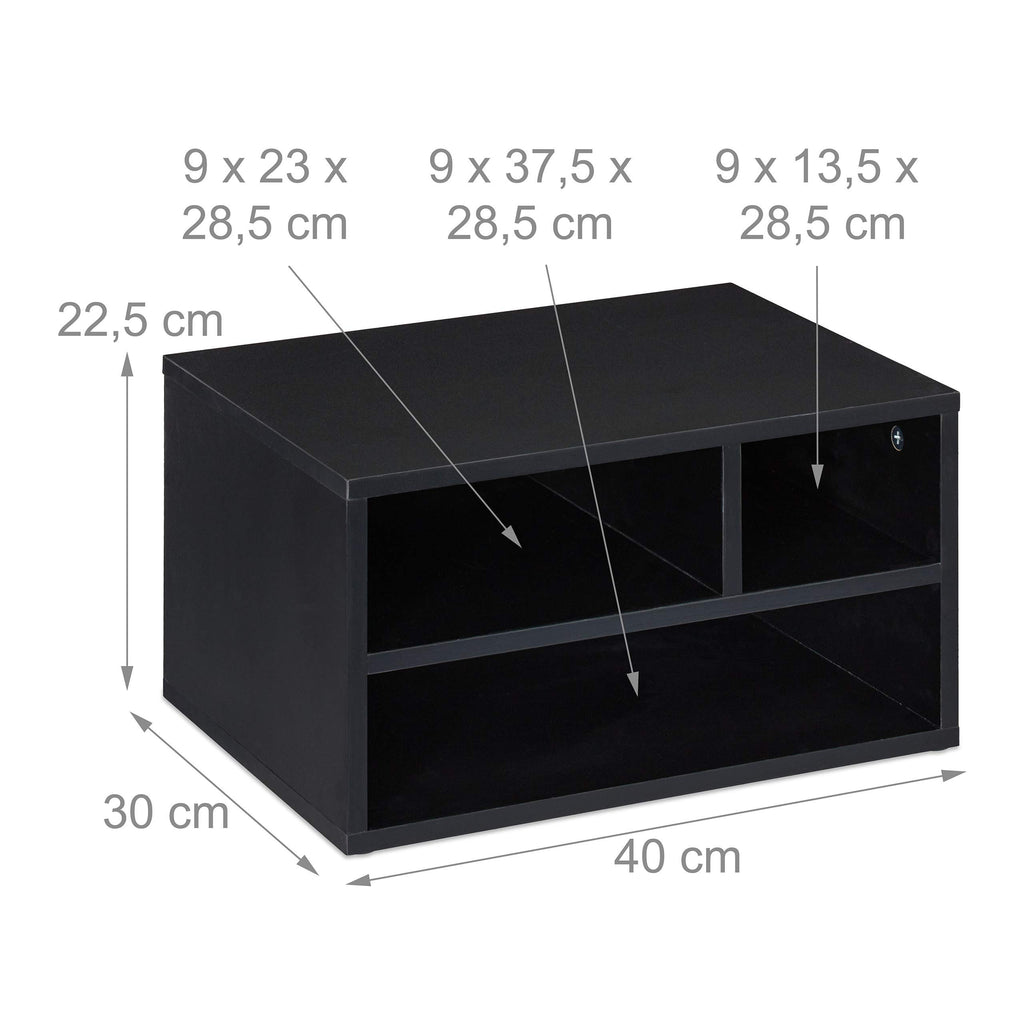 Relaxdays Druckerständer Schreibtisch, 3 Fächer, Regal für Drucker, Druckerhalter, H x B x T: 22,5 x 40 x 30 cm, schwarz