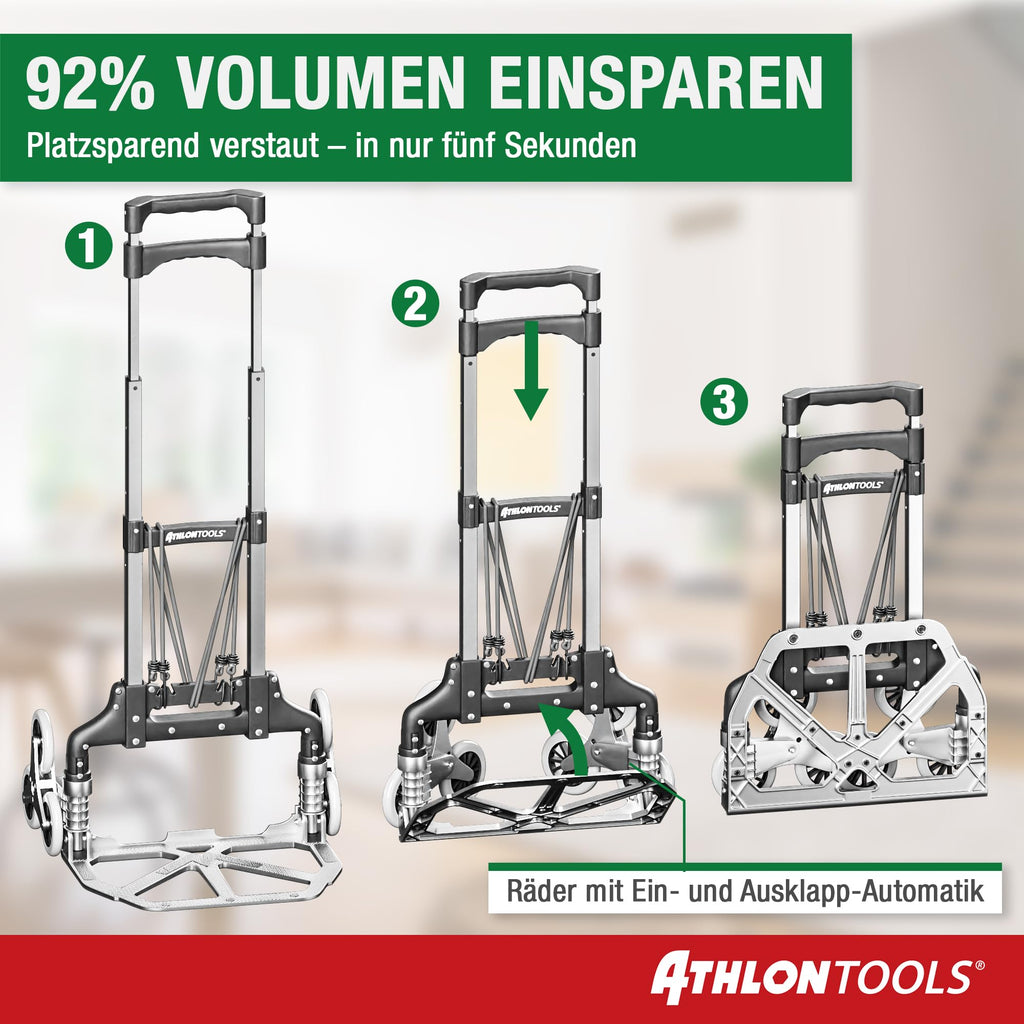 ATHLON TOOLS Aluminium Treppensteiger-Sackkarre klappbar TÜV geprüft – extra Langer Griff 110 cm, Ladefläche mit Anti-Rutsch-Pads