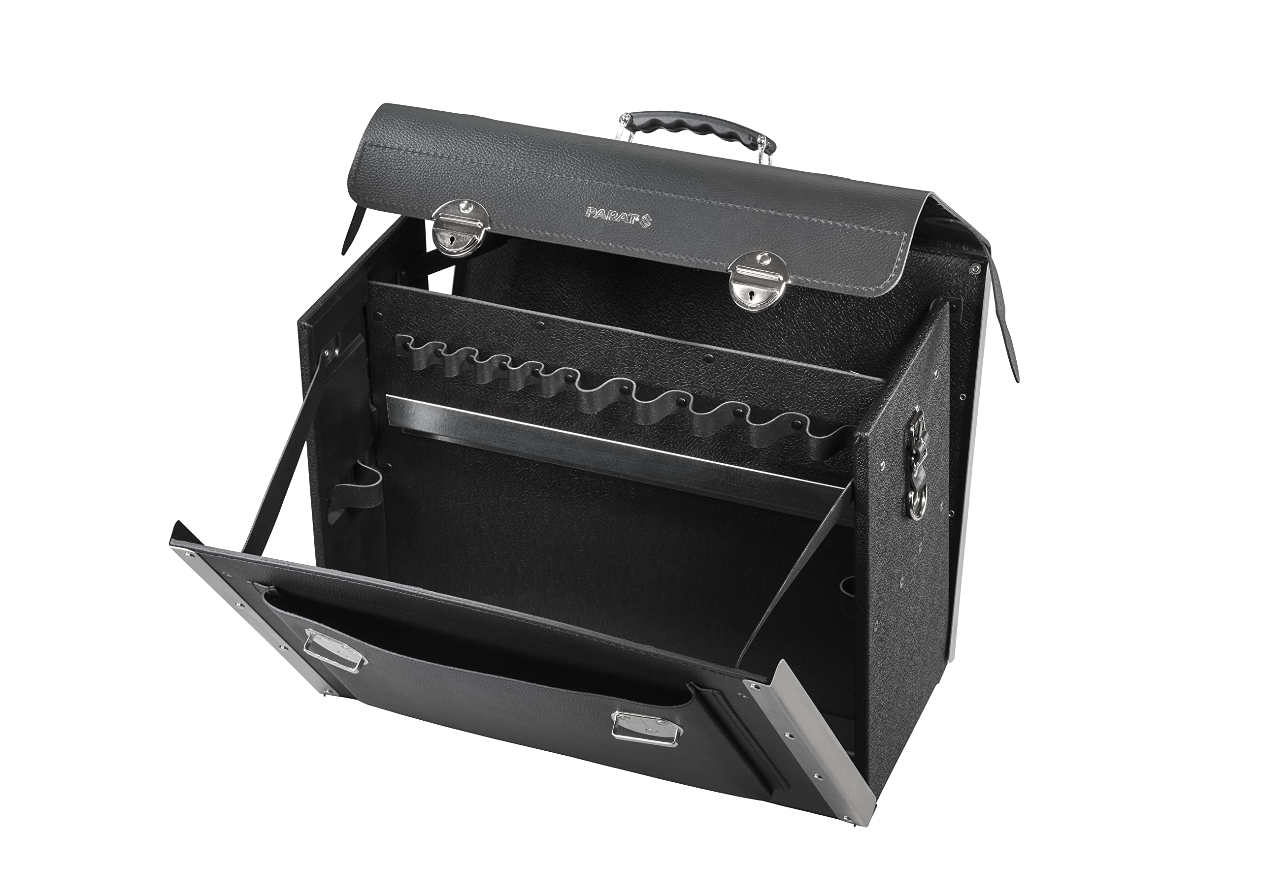 Parat Werkzeugtasche New Classic Kingsize Plus (Werkzeugkoffer leer für 40 Werkzeuge, Material HDPE Kunststoff + Rindsleder, Tasche mit Steckschloss, Größe 51 x 40 x 25 cm)