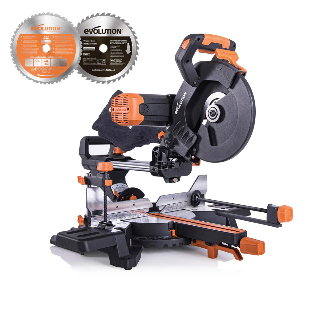 Evolution Doppelgehrungssäge Schiebe-Kapp- und Gehrungssäge R255SMS-DB+ | 2000 W, 300 mm Gleitfunktionalität, Schrägschnitt, Gehrungswinkeln | Ø 255 mm HM / TCT Sägeblatt für Multimaterialschnitt