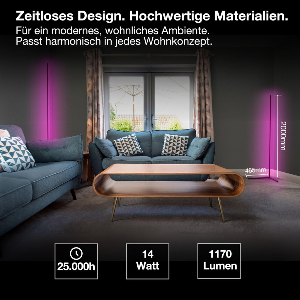 OSRAM Matter over Wifi Floor Corner LED Stehleuchte 2000mm, 20W, RGBW, 2700-6500K, WiFi, Fernbedienung, Schwarz, Ambientlicht
