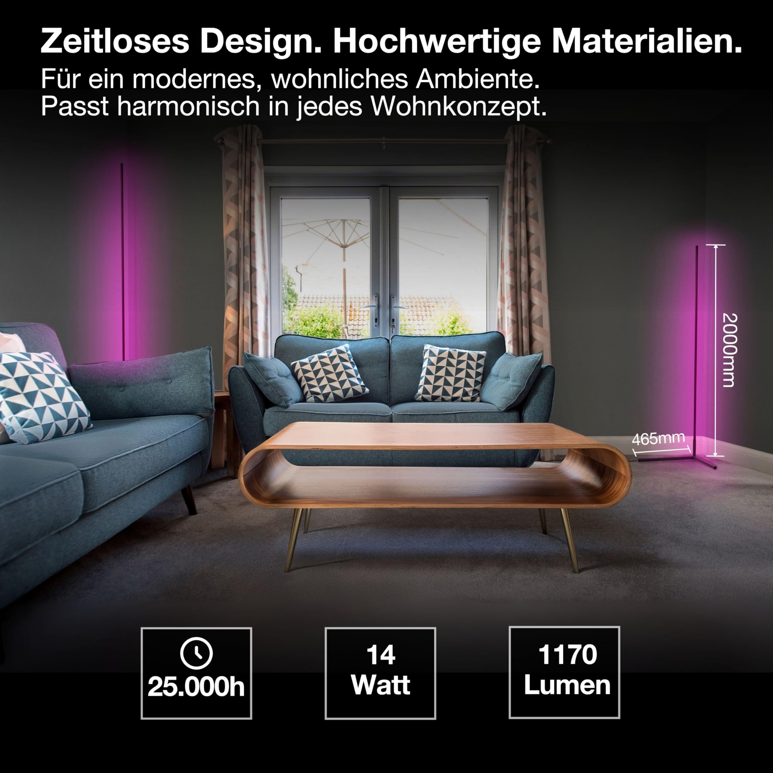 OSRAM Matter over Wifi Floor Corner LED Stehleuchte 2000mm, 20W, RGBW, 2700-6500K, WiFi, Fernbedienung, Schwarz, Ambientlicht