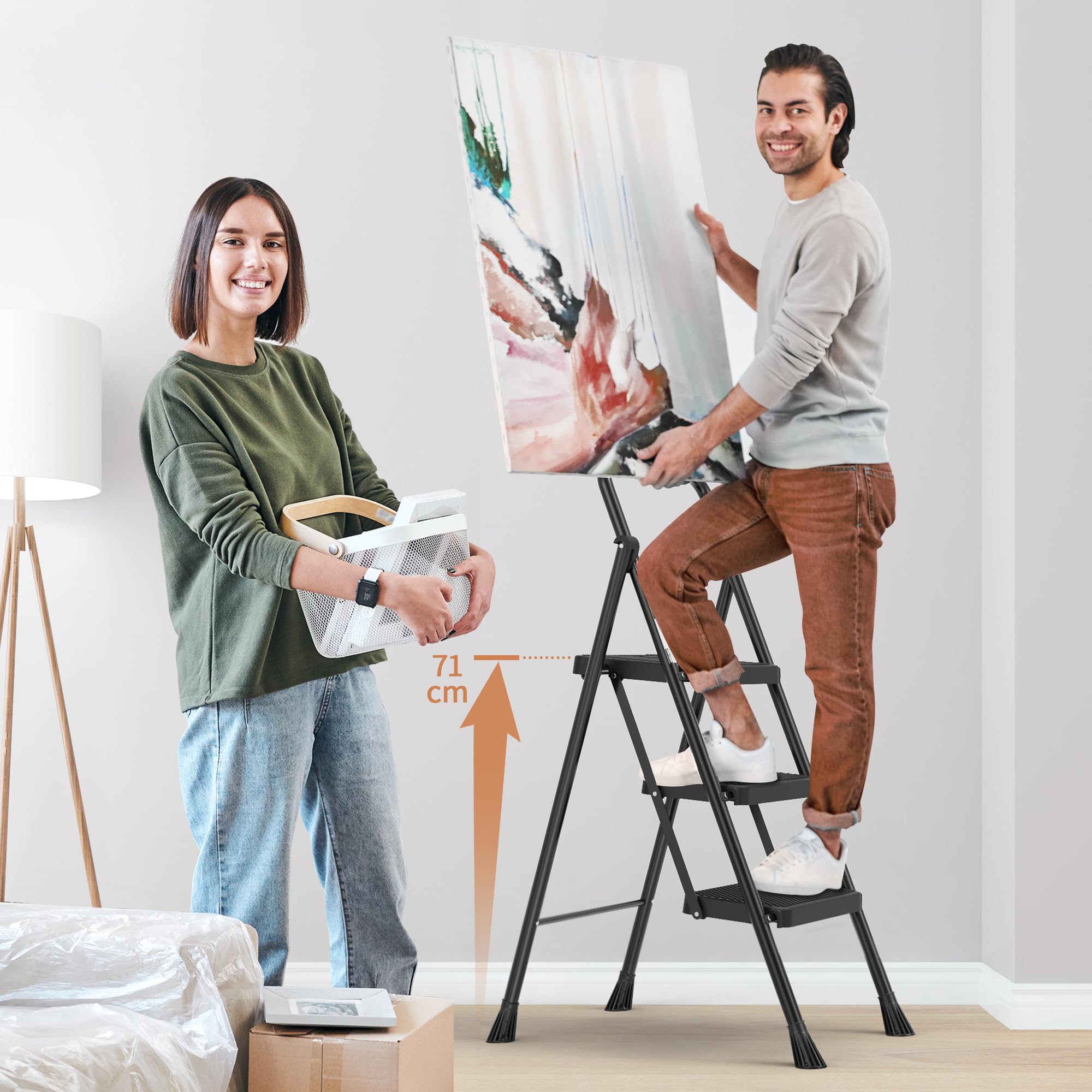 HBTower Trittleiter 3 Stufen klappbar, Leiter mit Breitem Anti-Rutsch-Pedal, Trittleiter mit Bequemer Handlauf, Tragbarer Tritthocker aus Stahl, Schwarz