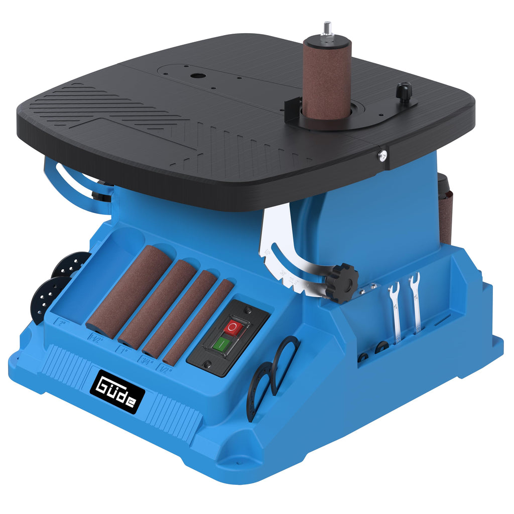 Güde Spindel-Bandschleifmaschine GSBSM 500 (230 V, 500 W, 2000 min-1 Spindeldrehzahl, 8 m/s Bandgeschw., oszillierend, 2 in 1 Gerät, werkzeuglose Umrüstung, Tisch 0-45° einstellbar, inkl. Zubehör)