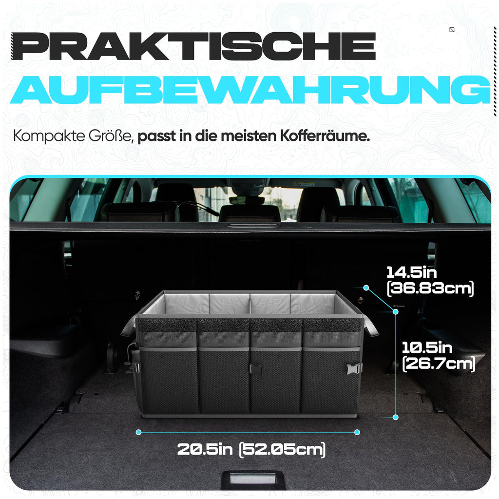 FORTEM Kofferraum Organizer, Kofferraumtasche, Zusammenklappbarer Auto Organizer Kofferraum mit Fächern, Rutschfester Boden, Verstellbare Sicherungsriemen, Klappbarer Deckel (Schwarz)