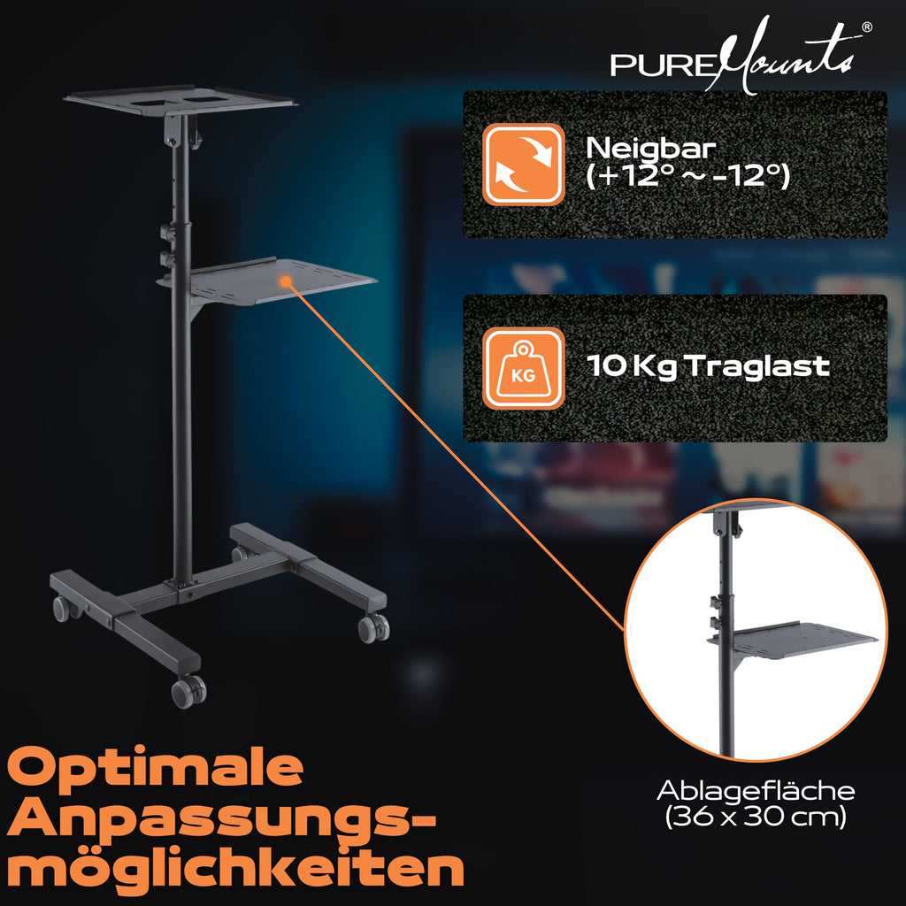 PureMounts PM-PCART-10 - Neigbarer Projektionswagen/Projektionstisch für Beamer und Projektor, flexibel einstellbar (950mm bis 1450mm), feststellbare Rollen, Tragkraft 10kg, Farbe schwarz