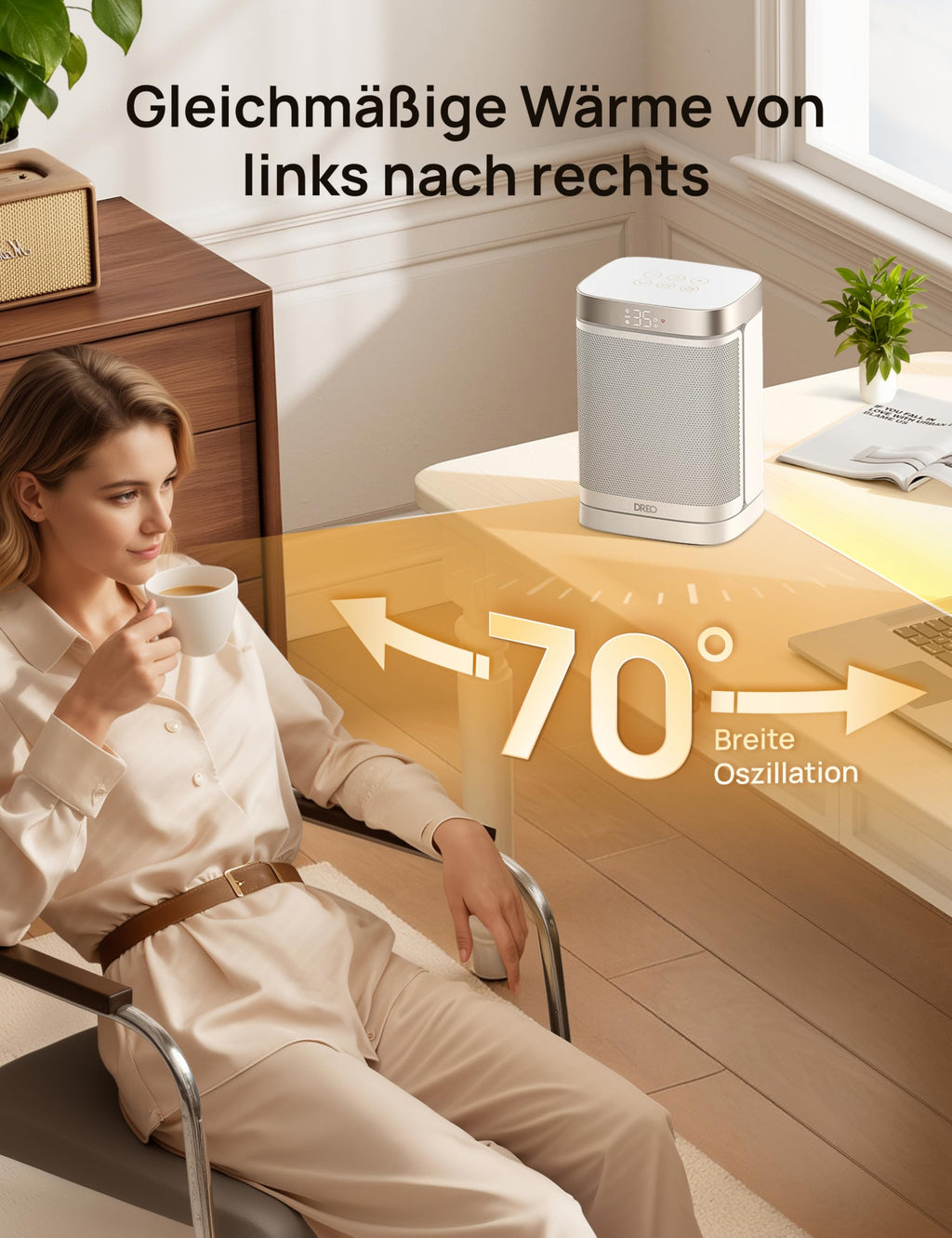 Dreo Heizlüfter Energiesparend Klein, 1500W Heizung Elektrisch mit Thermostat, 70° Oszillierend Elektroheizung, PTC Keramik Heizlüfter Leise, ECO-Modus, 12-Std-Timer, Überhitzungs- & Kippschutz, Weiß