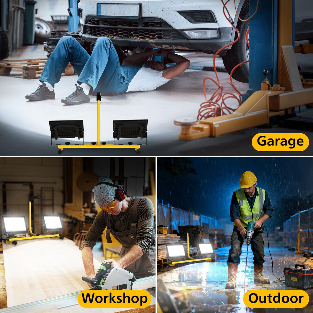 T-SUN 2x60W LED Baustrahler mit Stecker, 11000LM Baustellenstrahler mit 4M Kabel, IP66 Wasserdicht Arbeitsleuchte Baulampe, 6000K Kaltweiß LED Bauscheinwerfer für Baustelle, Werkstatt oder Keller