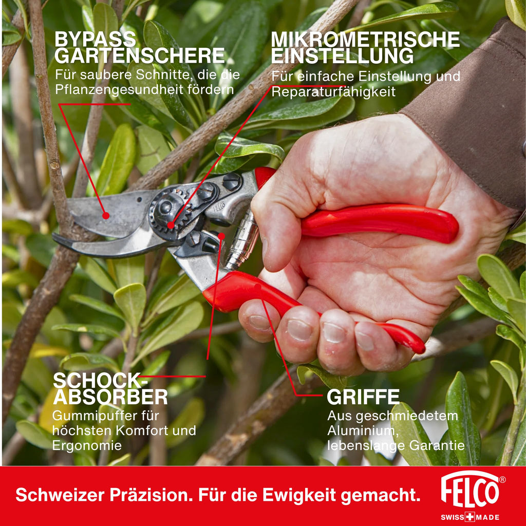 FELCO 8 Bypass-Gartenschere für Rechtshänder, ergonomisch für große Hände, 52 mm Stahlklinge, 25 mm Schnittdurchmesser, Stoßdämpfer, geschmiedete Aluminiumgriffe, abgewinkelter Schneidkopf, Swiss Made