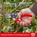 FELCO 8 Bypass-Gartenschere für Rechtshänder, ergonomisch für große Hände, 52 mm Stahlklinge, 25 mm Schnittdurchmesser, Stoßdämpfer, geschmiedete Aluminiumgriffe, abgewinkelter Schneidkopf, Swiss Made